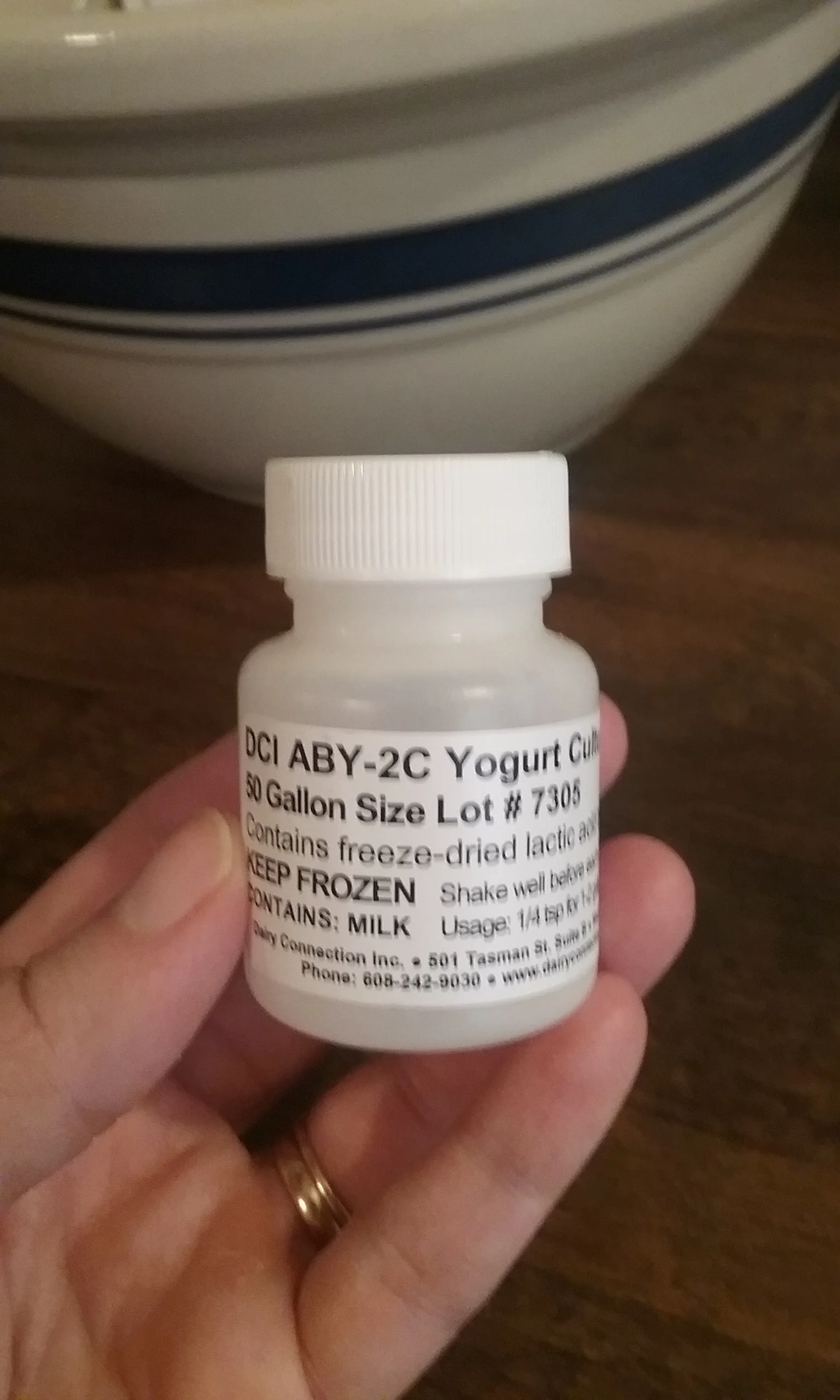 Step Four: I sprinkle 1/16th of a teaspoon of this culture to the top of the milk and let it set for 3 minutes before stirring. I purchased my culture at Fountain Acre Foods in Fountain City, which is an Amish bulk food store or you can purchase it online. 