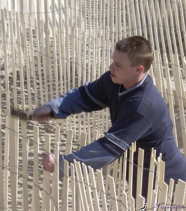 Sand fencing prevents wind generated sand erosion by controlling wind speed. Fencing placement should be three to six feet apart for best performance. Fencing also generates sand deposition because when wind is slowed down, it drops the sand it is carrying. Fencing slats can be individually driven into the sand instead of using additional stakes.