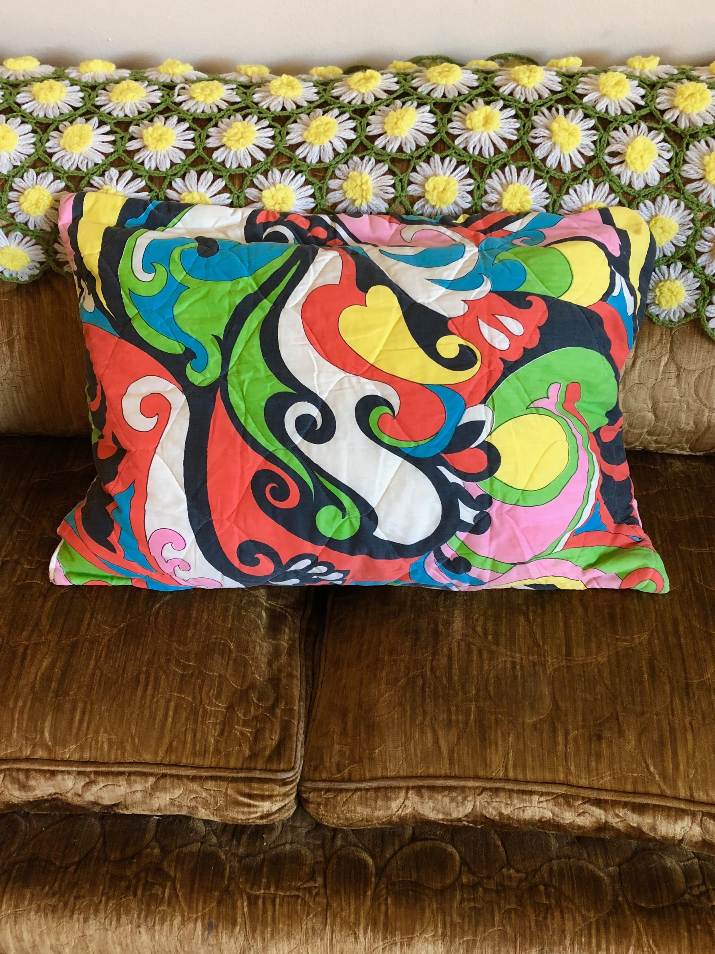 Vintage 1960s Handmade Quilted Pair of Psychedelic Printed Pillowcases