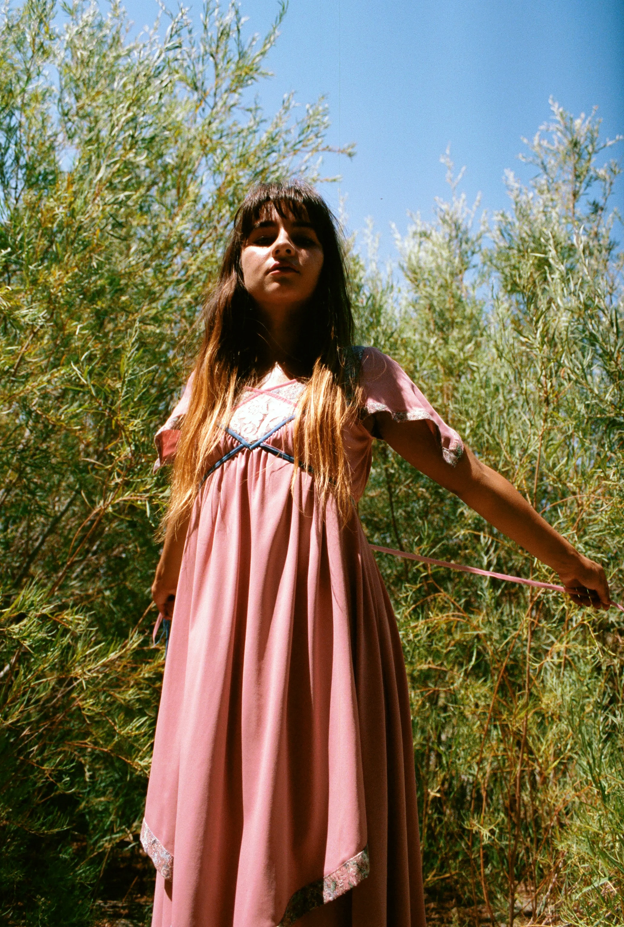 Vintage 1970s Young Edwardian Pink Ribbon Maxi Dress