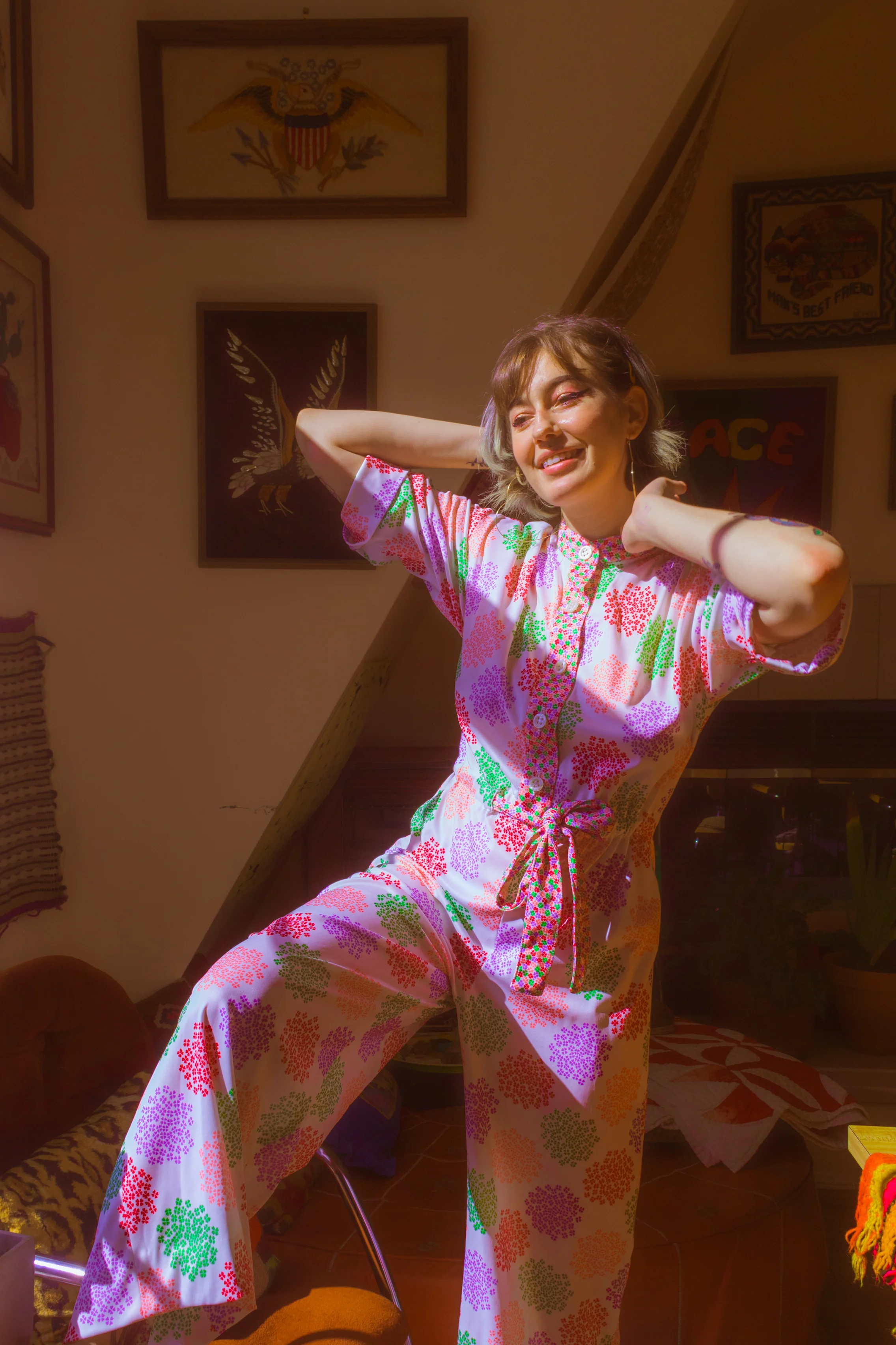Vintage 1970s Floral Printed Pastel Jumpsuit 