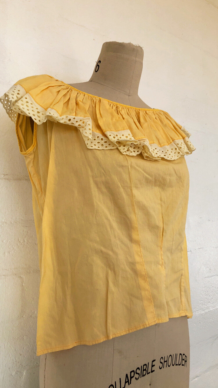 Vintage 1950s Handmade Butter Yellow Cream Ruffle Collar Eyelet Lace Trim Sleeveless Blouse