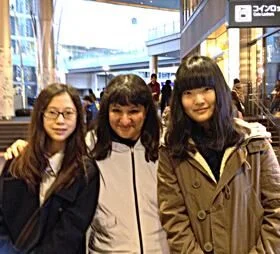 Sandra with Jiwoo Kim and Jisoo Bae, 8th graders at Seisen International School, at the Futako-Tamagawa station in Tokyo.