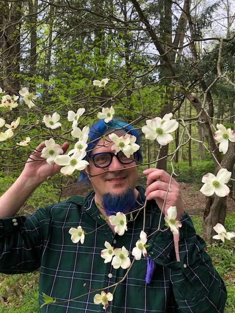 Hank with Dogwood Blossums in Sherman Connecticut, spring 2019