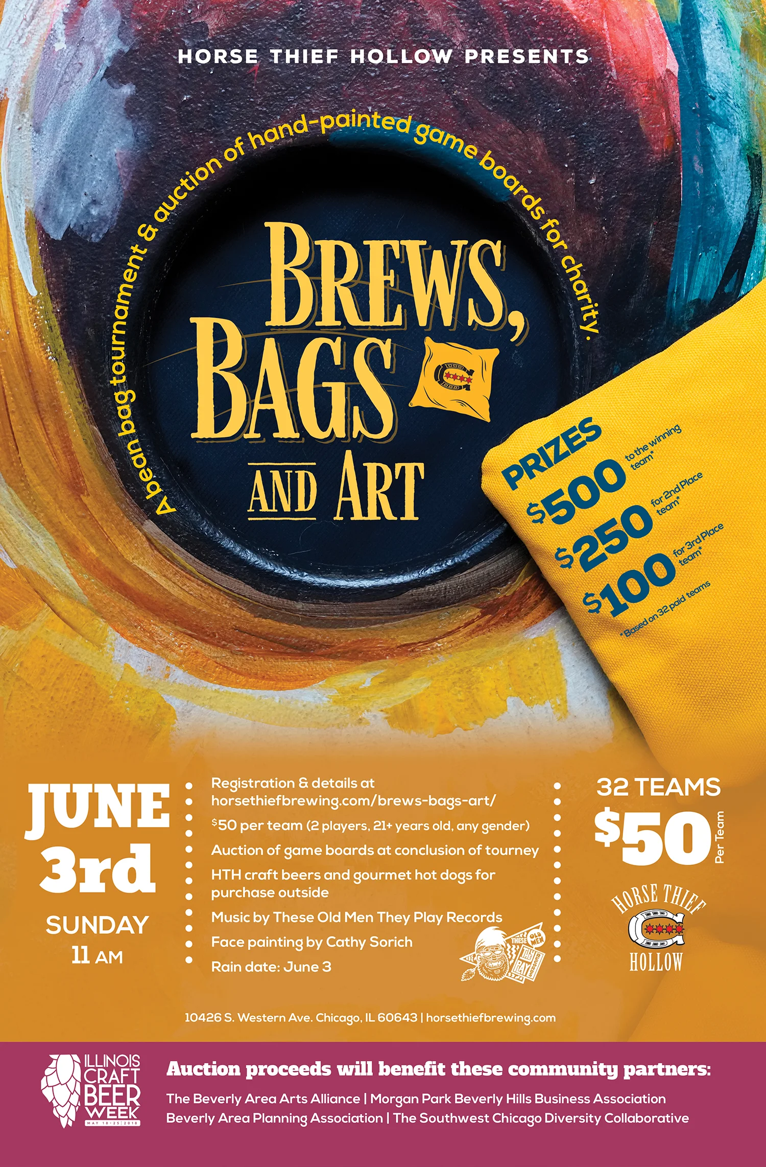 It's a bags tournament and charity art auction rolled into one! Join us Sunday, June 3rd, in the HTH parking lot for some competitive bean bag tossing & a whole lot of fun. Only 32 teams can play, so sign up lickety-split. We'll have music by These Old Men They Play Records and Cathy Sorich with Marvelous Faces Face Painting . Plus HTH craft beers & gourmet dogs. No Cover--spectators encouraged! Teams of 2 players over 21 will compete, using cornhole tournament boards that have been hand painted by talented local artists. After the tournament, HTH will auction off the boards. Proceeds will benefit Beverly Area Planning Association , Morgan Park Beverly Hills Business Association , Southwest Chicago Diversity Collaborative - SCDC , and Beverly Area Arts Alliance . "Brews, Bags & Art" is planned in conjunction with Illinois Craft Beer Week . Details & registration at http://horsethiefbrewing.com/brews-bags-art/