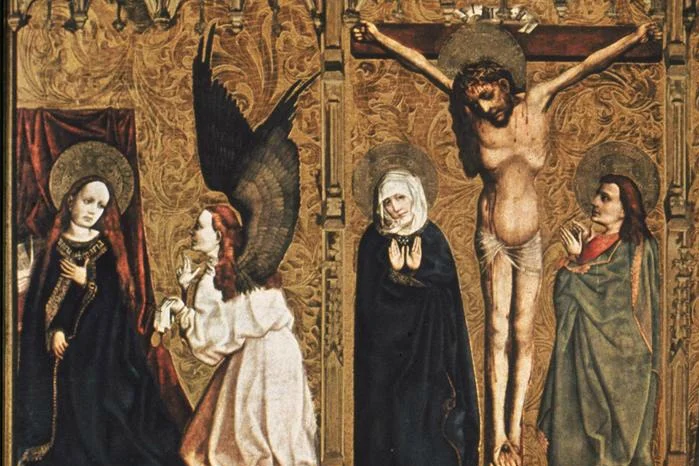 Tucher Altarpiece, detail: Annunciation and Crucifixion (c.1448); courtesy ARTstor Slide Gallery (University of California, San Diego)