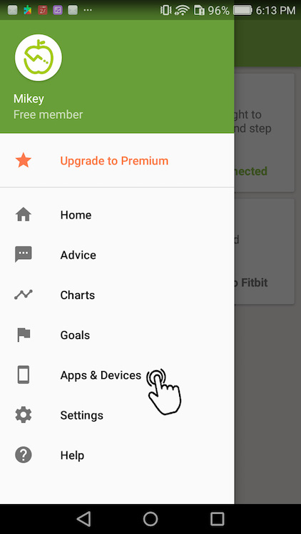 Step 1: In Asken Diet tap the side menu. Then Apps & Devices