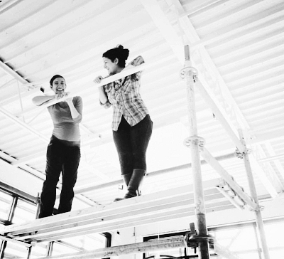 Neda and Creatives Project fellow Rachel K. Garceau preparing for installation of the artist's sculpture at Armour Yards for an exhibition curated by Abghari.
