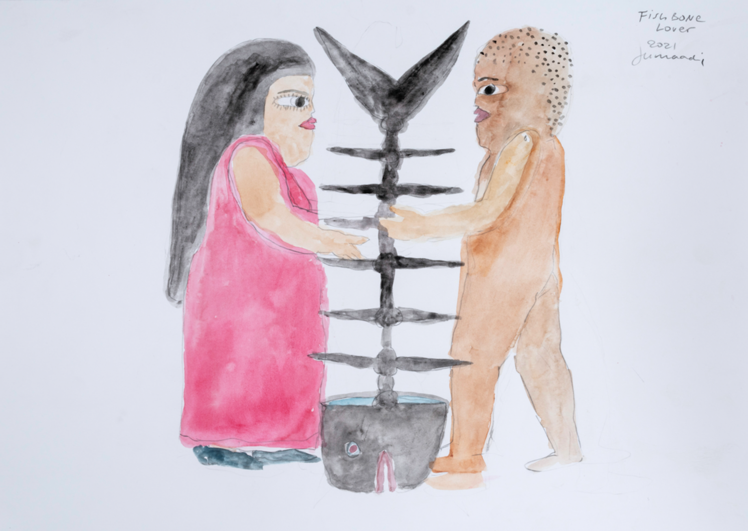 Jumaadi, Fish Bone Lover, 2021, Watercolour on paper, 30 x 42 cm