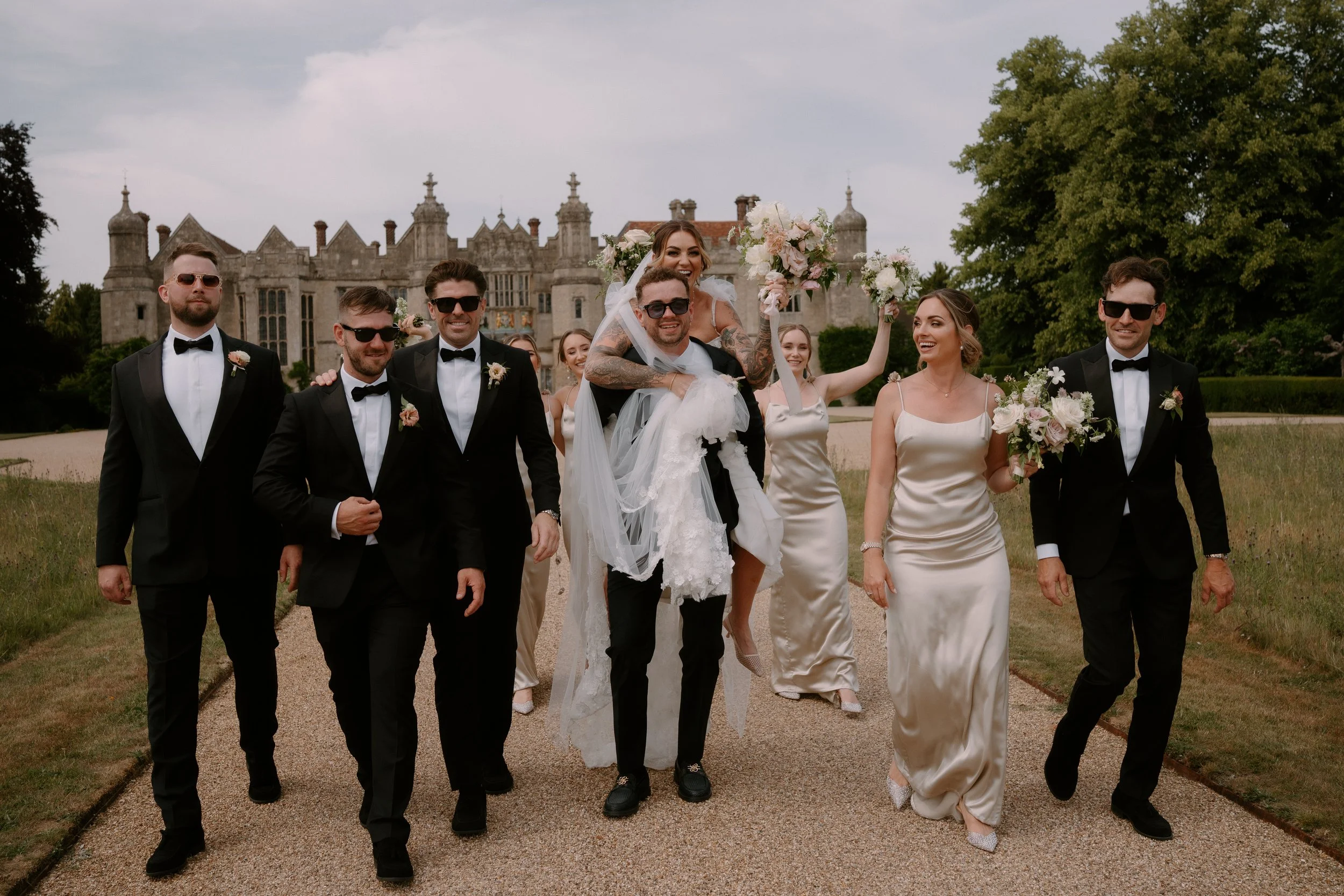 Wedding party at Hengrave Hall having fun