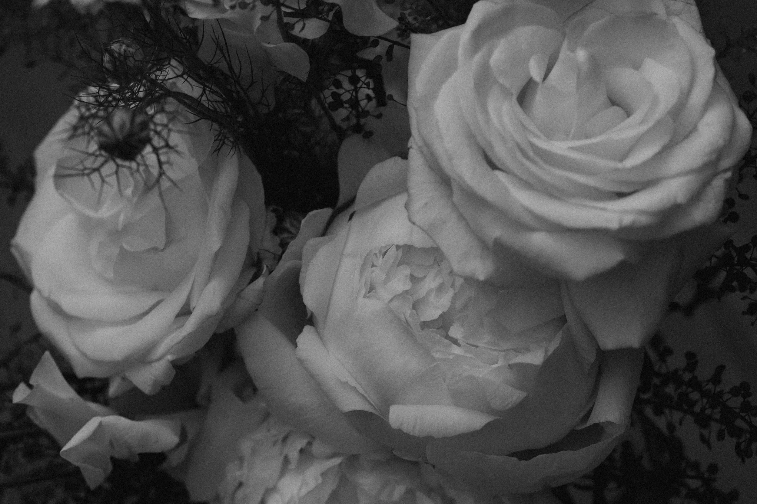 A close-up of a bouquet of roses with some greenery and dried flowers in a black and white photograph.