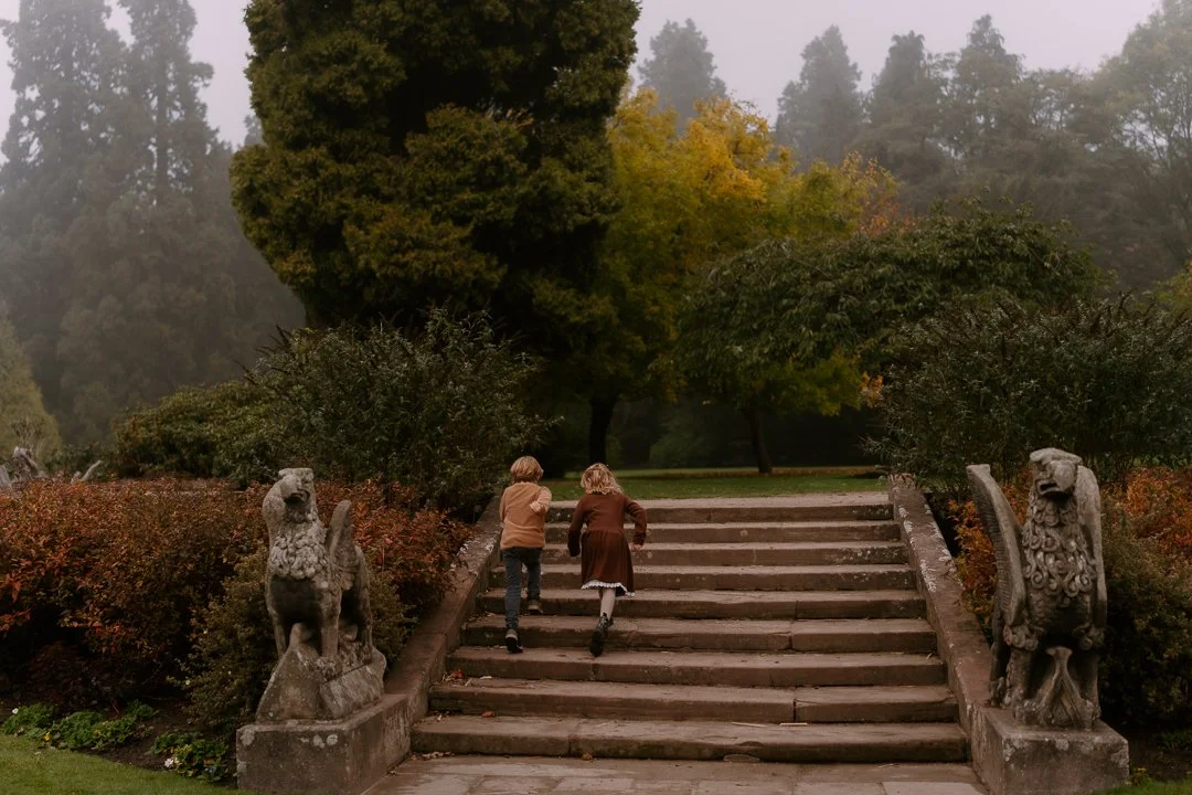 Two children climbing wooden stairs outdoors, surrounded by lush bushes and trees, with stone dragon statues on either side of the stairs.