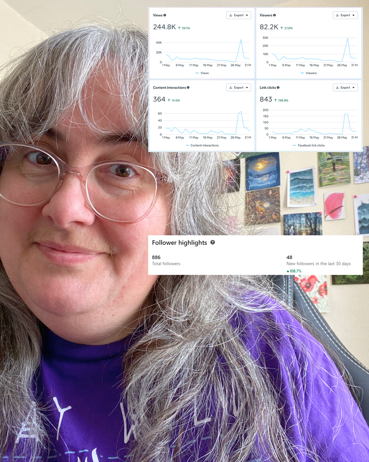 Clippings of social stats over a photo of Sara.