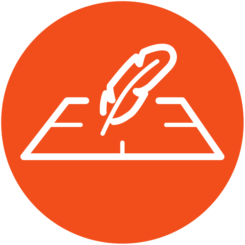 Icon of a pen writing on a paper with a clock in the background, indicating writing or note-taking time.