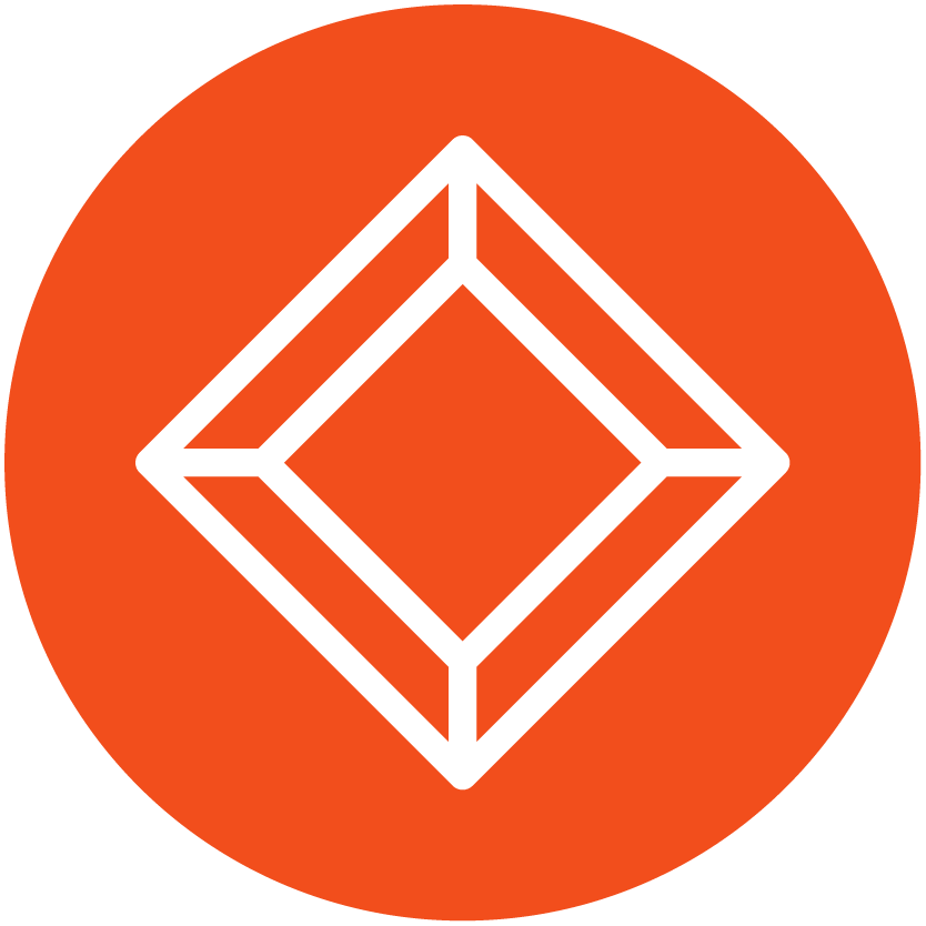 White geometric logo with a diamond shape inside a circle, on an orange background.
