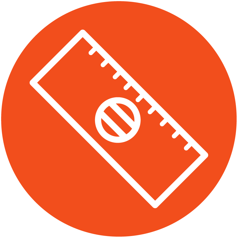 A white ruler with a copyright symbol in the center on an orange circular background.