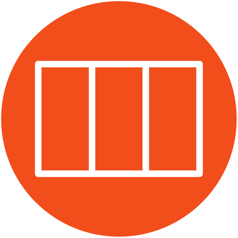 An icon of a calendar with three vertical sections, inside a red circular background.