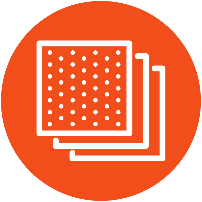 Three overlapping white fabric swatches with different textures on an orange circular background.