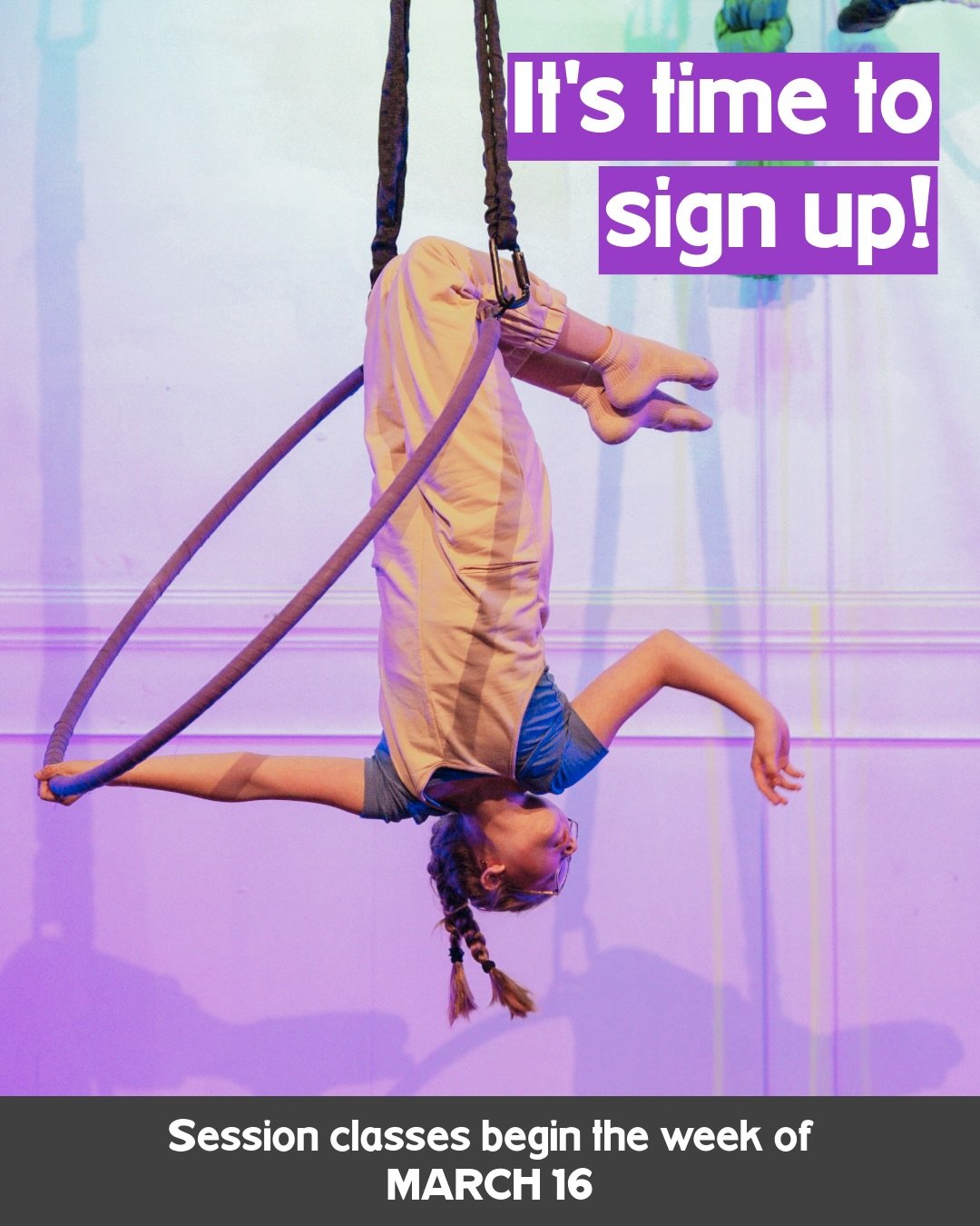We are SO ready for springtime already! Swipe for the full March/April schedule ➡️

Browse the schedule for classes in aerial silks, sling, trapeze, lyra, and ground skills like hula hoop, Throw Down, juggling and more!

🌱 New youth, teen, or adult?
