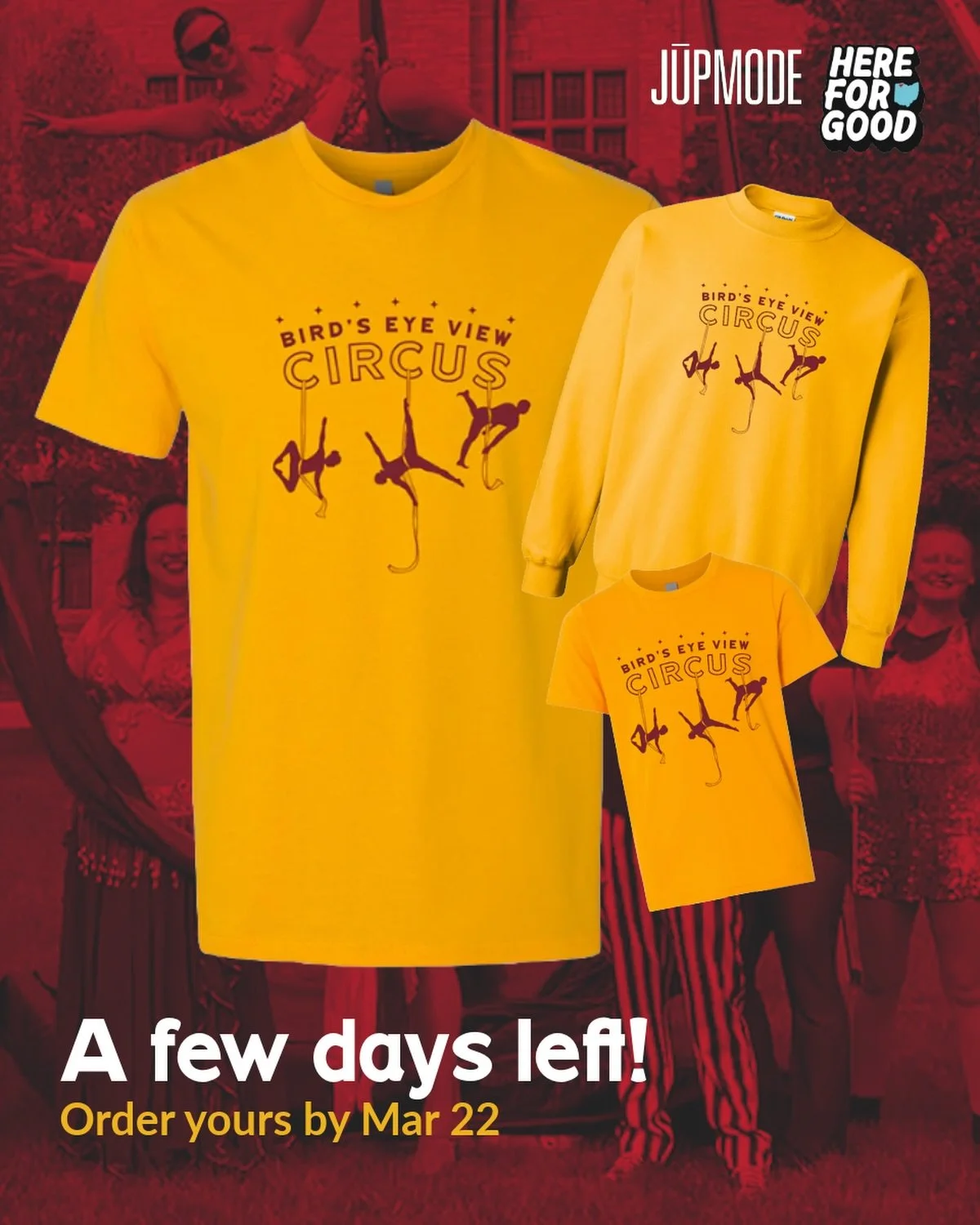 Only a few days left in @jupmode&rsquo;s Here for Good sale! We have tshirts, sweatshirts, and youth shirts available. You can support your local circus at the link in bio 🎪