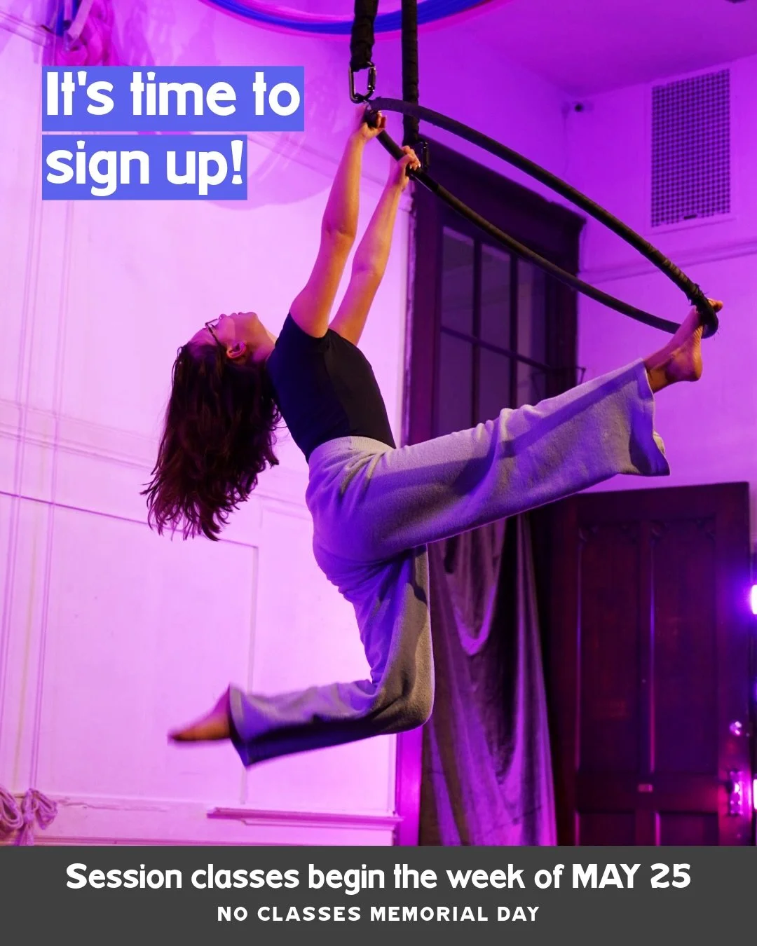 The new class session is almost here! Swipe for the full May/June schedule ➡️

🆕 Adults, we have a new weekday Lyra class with @chloewstevenson! 

Browse the schedule for classes in aerial silks, sling, trapeze, lyra, and ground skills like hoop dan