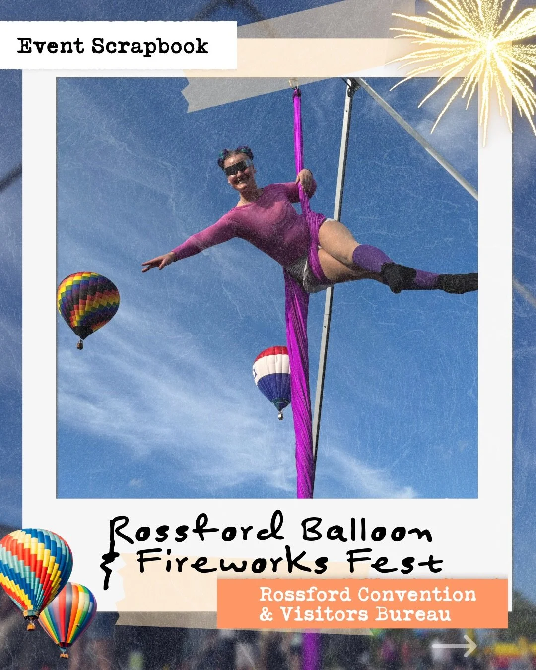 Time for another gig season scrapbook! This time: Rossford Balloon and Fireworks Festival with @rossfordohiocvb 

Seeing this many hot air balloons in one place is truly magical and our aerialists were thrilled to fly alongside them! Plus, our stilt-