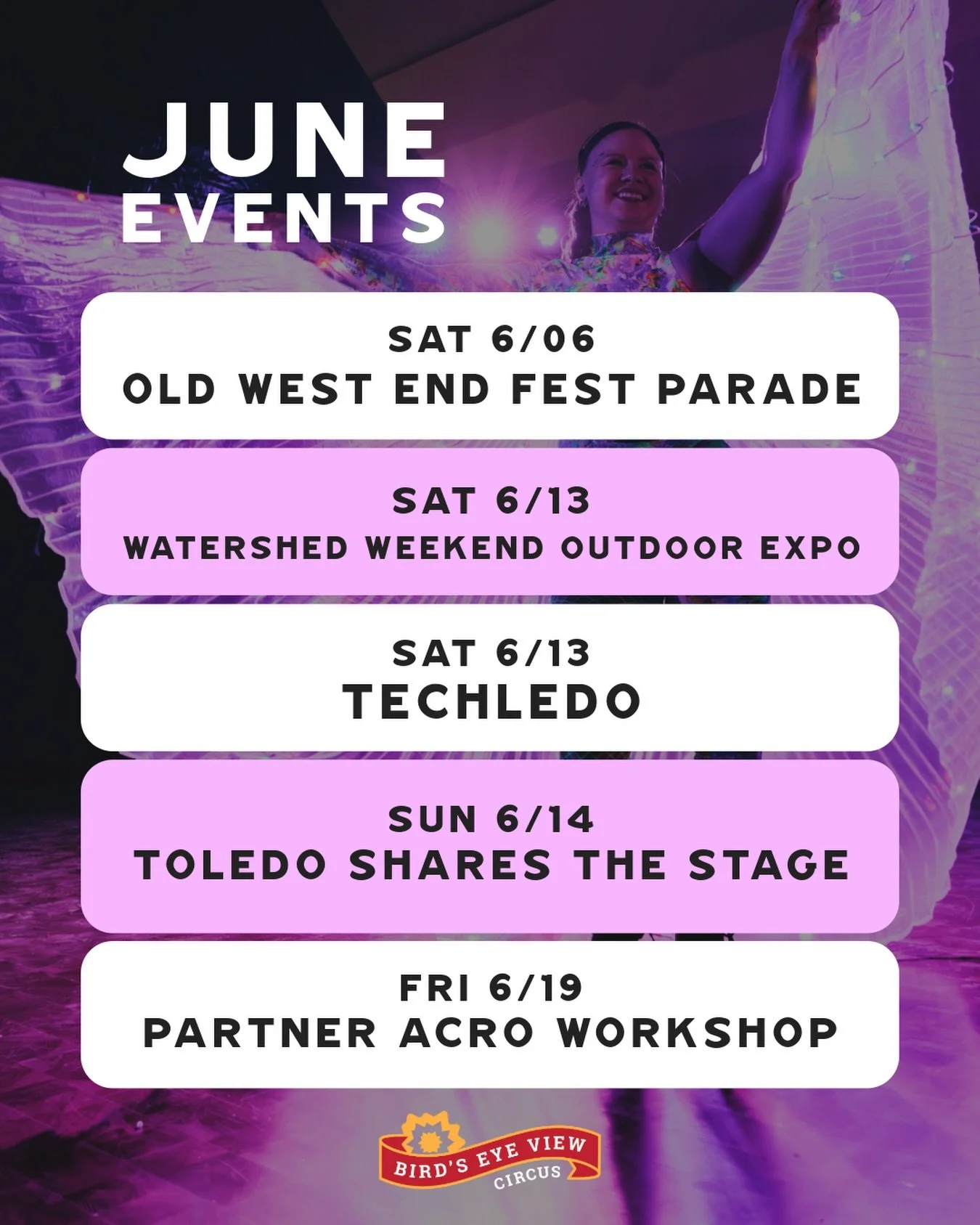 Support your local circus this summer! Here&rsquo;s where you can find us in June:

June 6: King Wamba Parade at the Old West End Festival 10am @oldwestendassociation. Our very own Matt and Morgan are King Wamba and Queen Sancha this year! 👑👑

June
