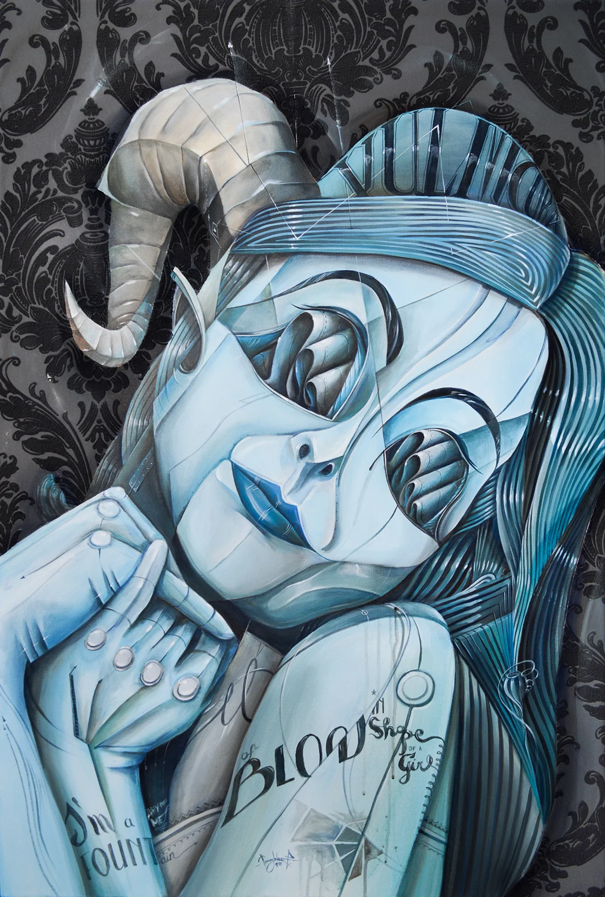 Bjork Acrylic on canvas with wallpaper 120 x 80 cm