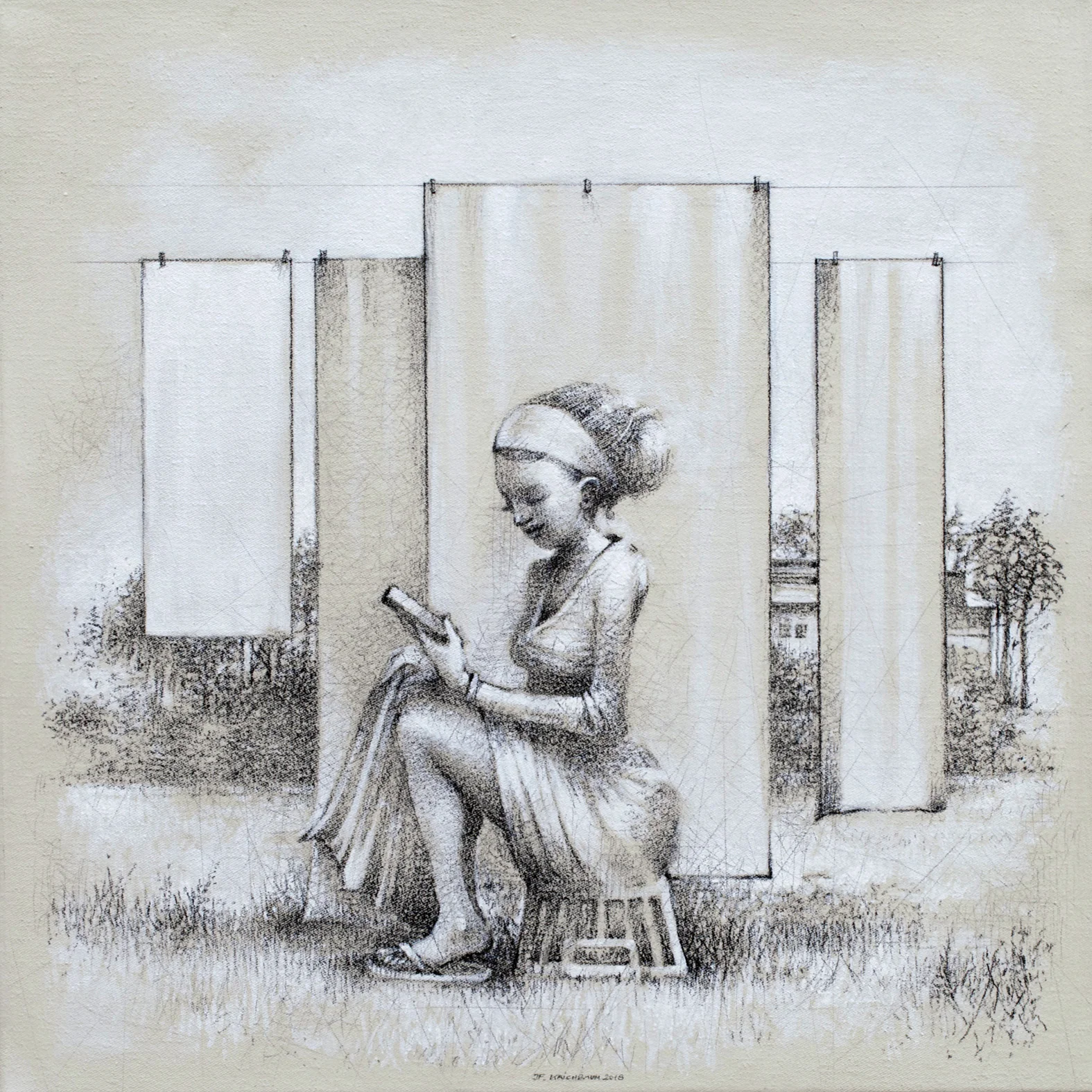 Social Media Blues NEW Available To View Charcoal, egg-tempera on canvas 40 x 40 cm