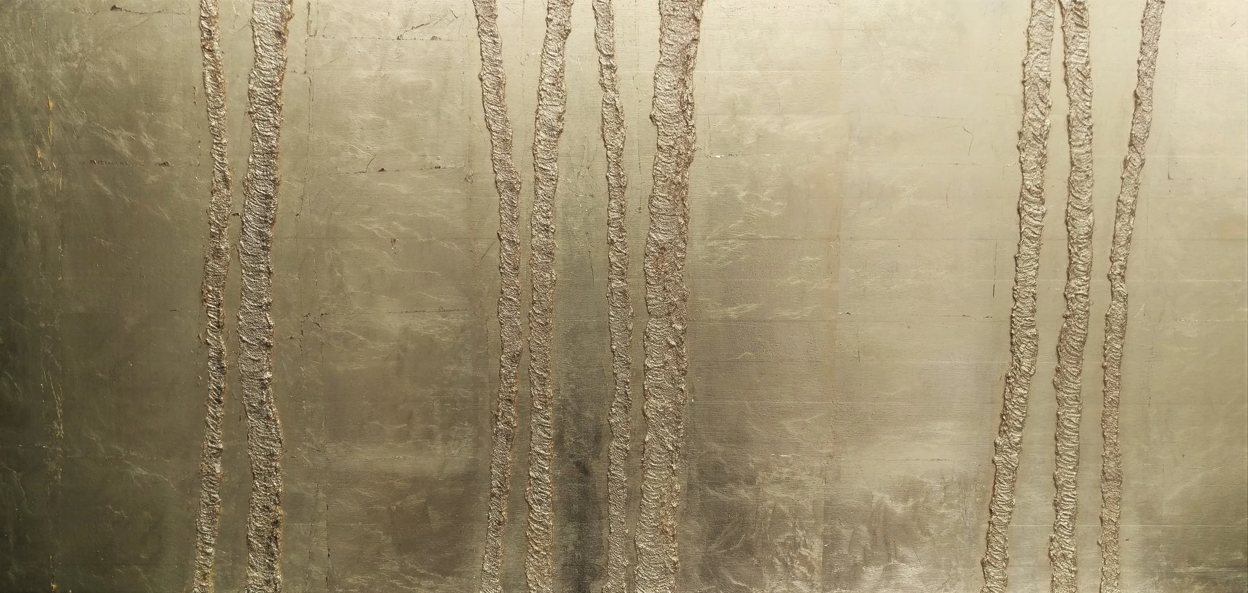 Enlightened Forest 60 x 140 cm Gold metallic leaf, linseed oil on birch panel Available To View 12,000 Sek