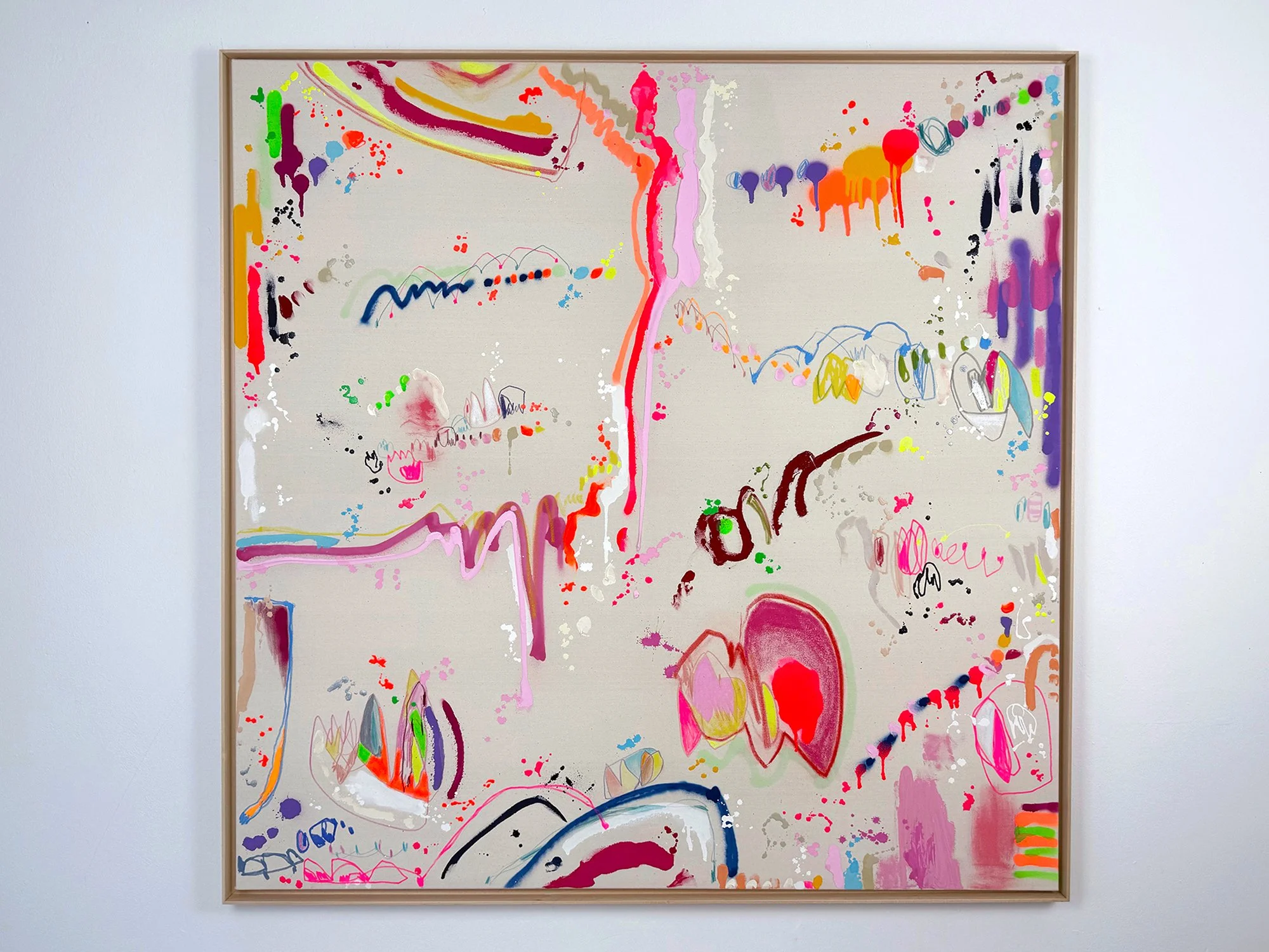happy place (2025) by Vera Klaus, large square abstract painting in bright pinks, oranges, blues and mixed pastels on raw canvas, 140 × 140 cm, framed in wood.