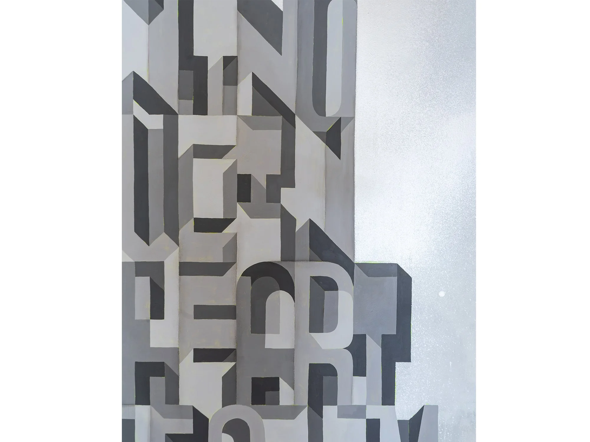Close-up of Saïd Kinos’s painting, showing the layered grey letterforms and their sharp geometric shadows.