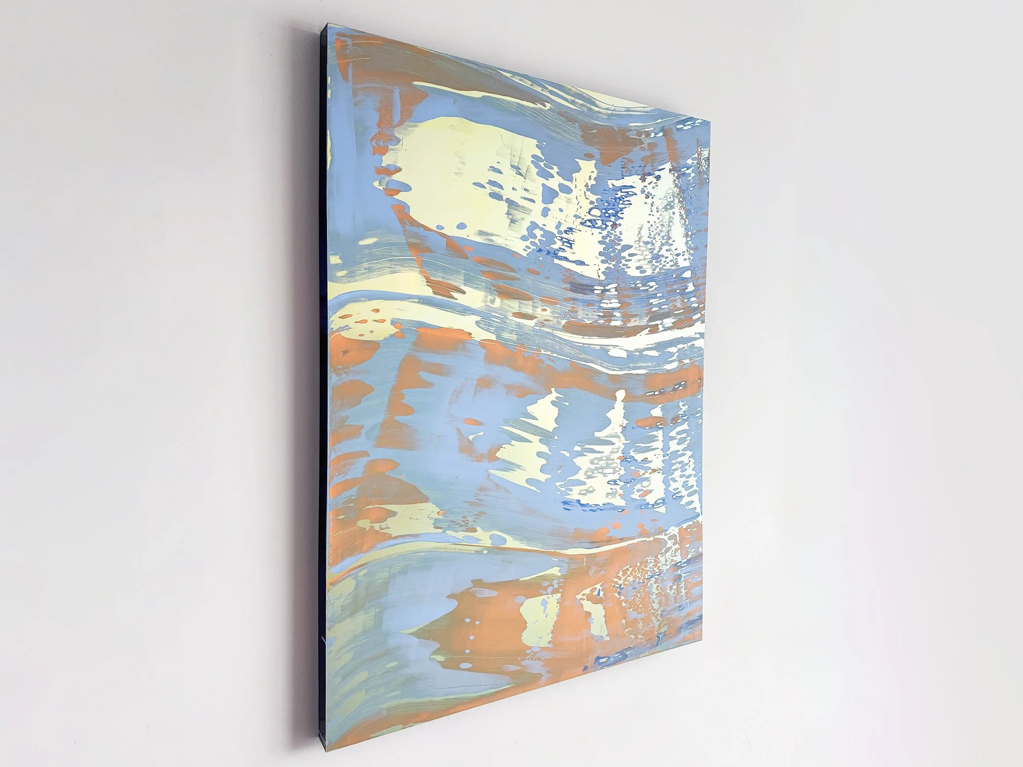 Side view of contemporary abstract artwork by Lisette Schumacher, showing layered paint surface and depth, displayed against a white wall.