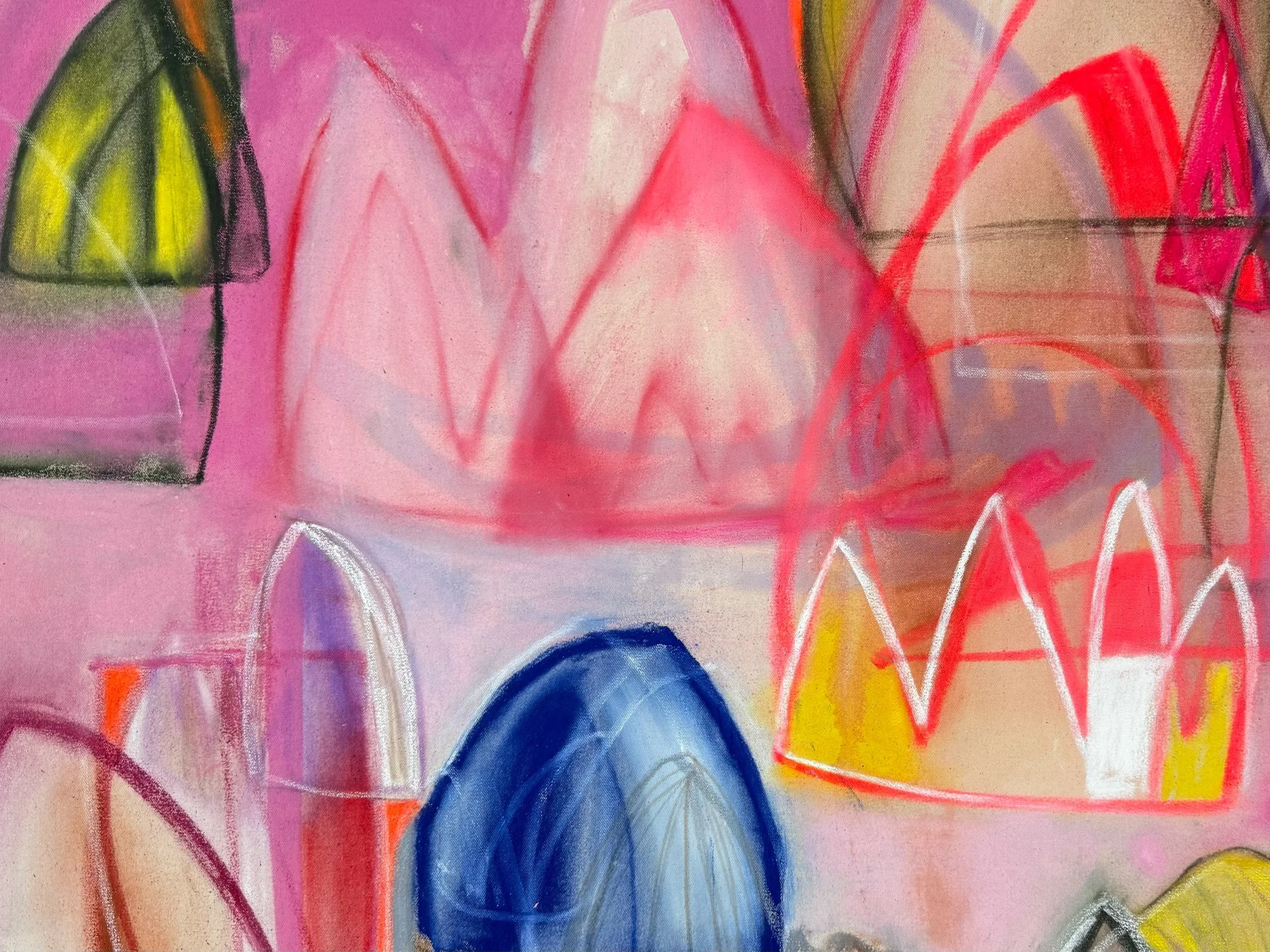 Close-up of Dreams and Hope by Vera Klaus showing overlapping mountain-like forms in pink, red, yellow and earthy tones.