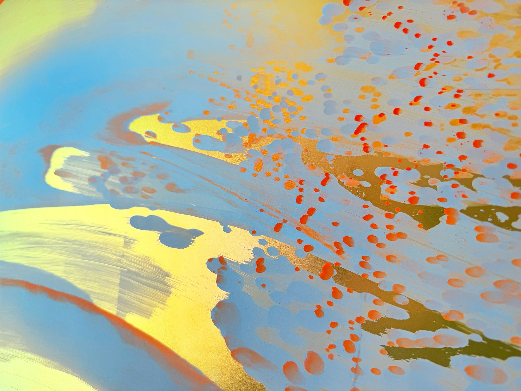 Detail of abstract painting with golden light, soft lilac and orange accents, exploring shifting light in the Coachella Valley