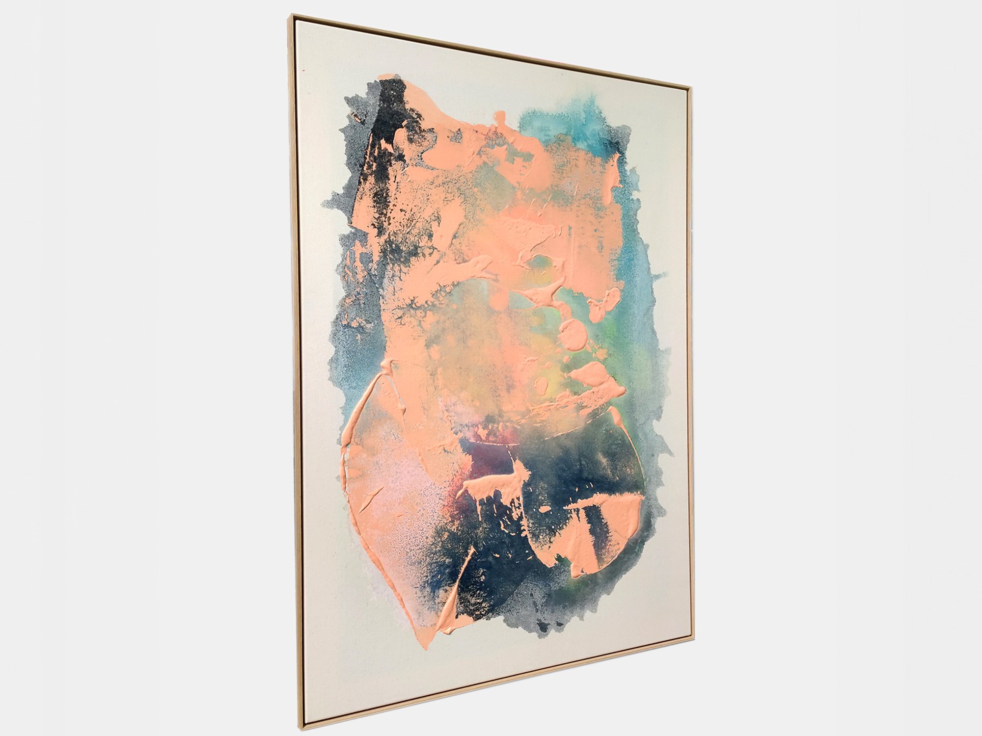 Side view of Karen van de Vliet’s painting Faling Safely to the Ground, showing thick, sculptural layers of salmon pink and dark blue paint on canvas with visible texture and depth.