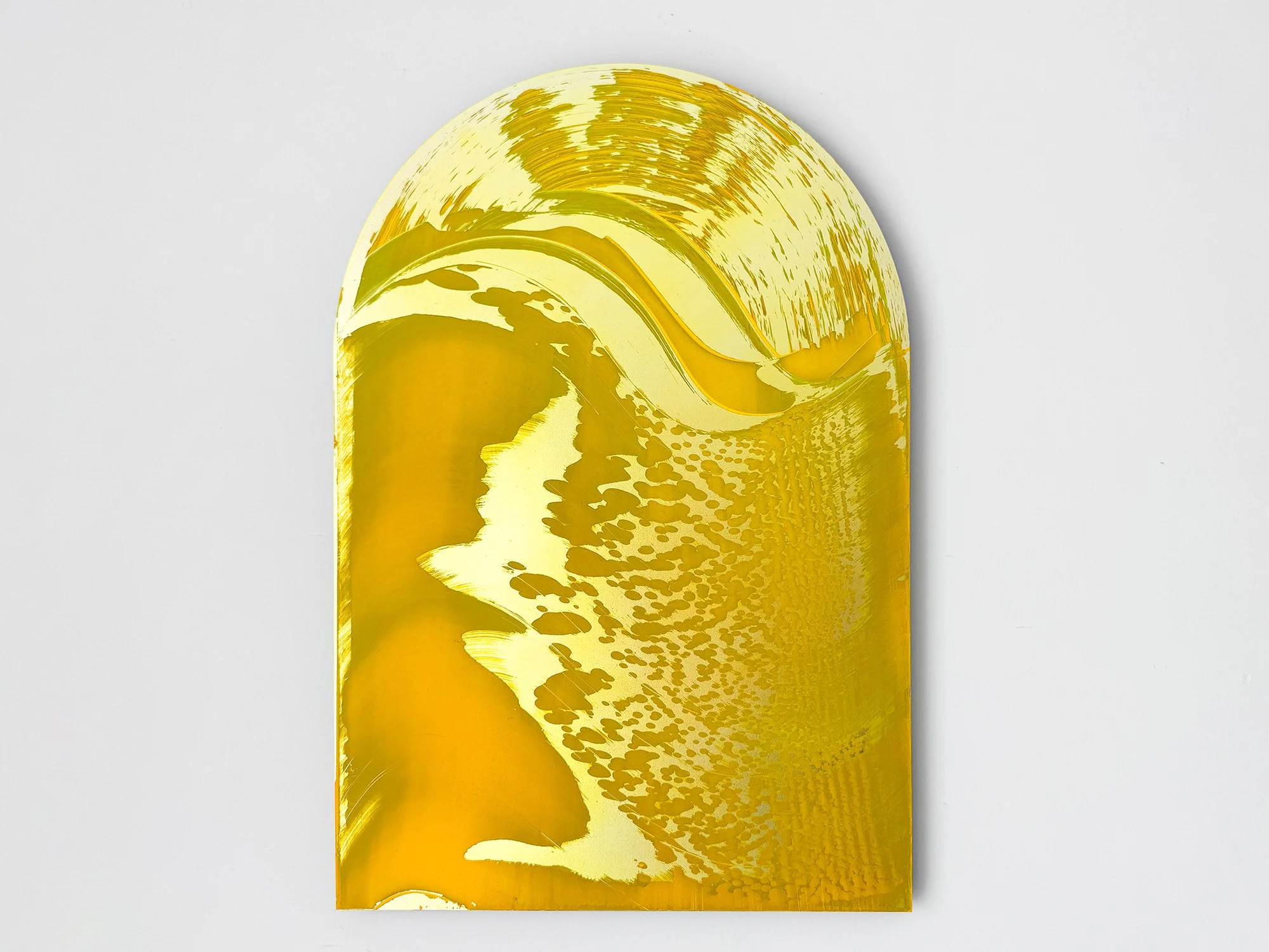 Arch II by Lisette Schumacher, a 2026 arch-shaped painting dominated by yellow tones, shown from the front within a clearly defined curved format.