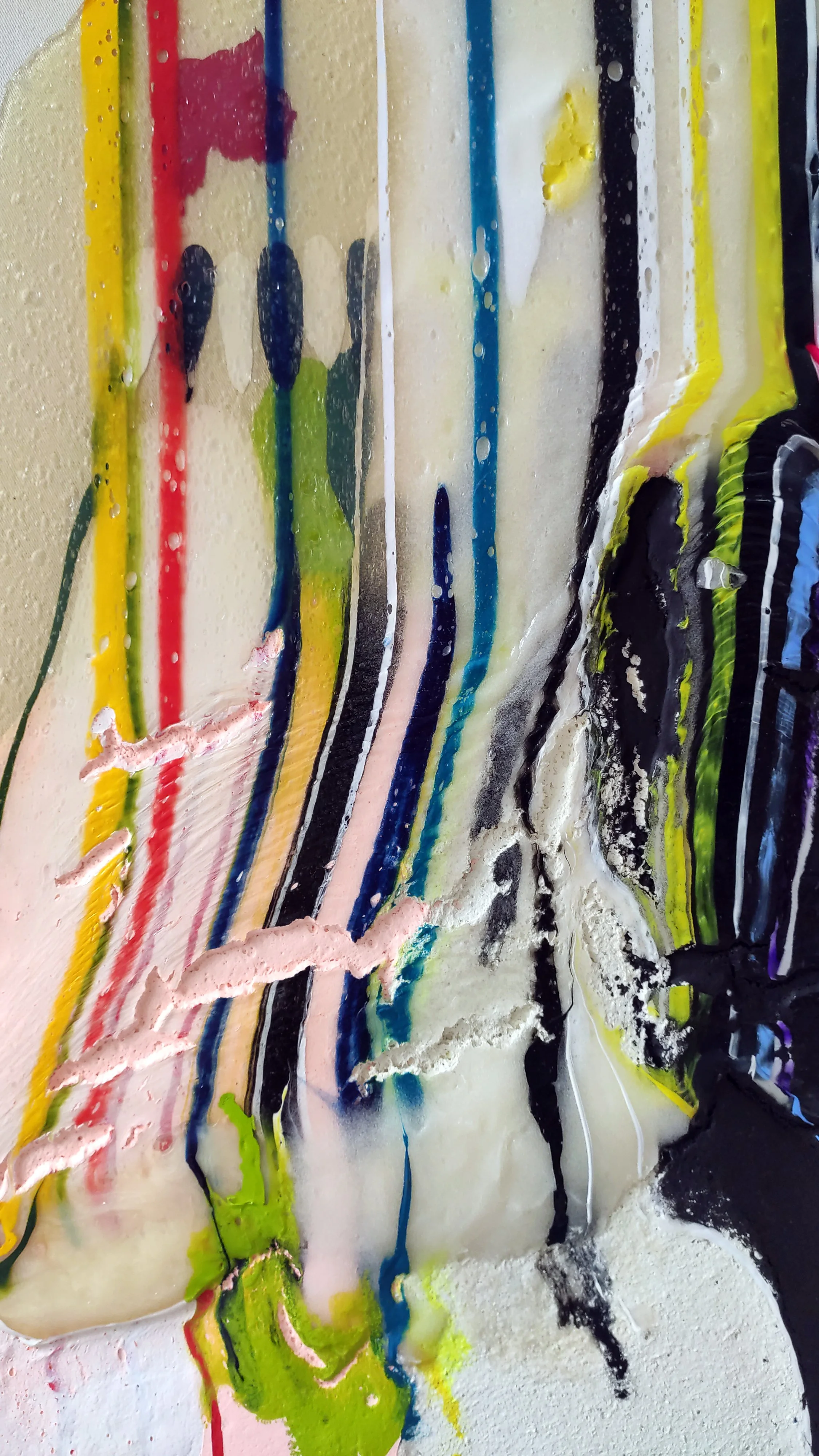 Detail of black paint, translucent colour and fine lines in an abstract painting by Karen van de Vliet.