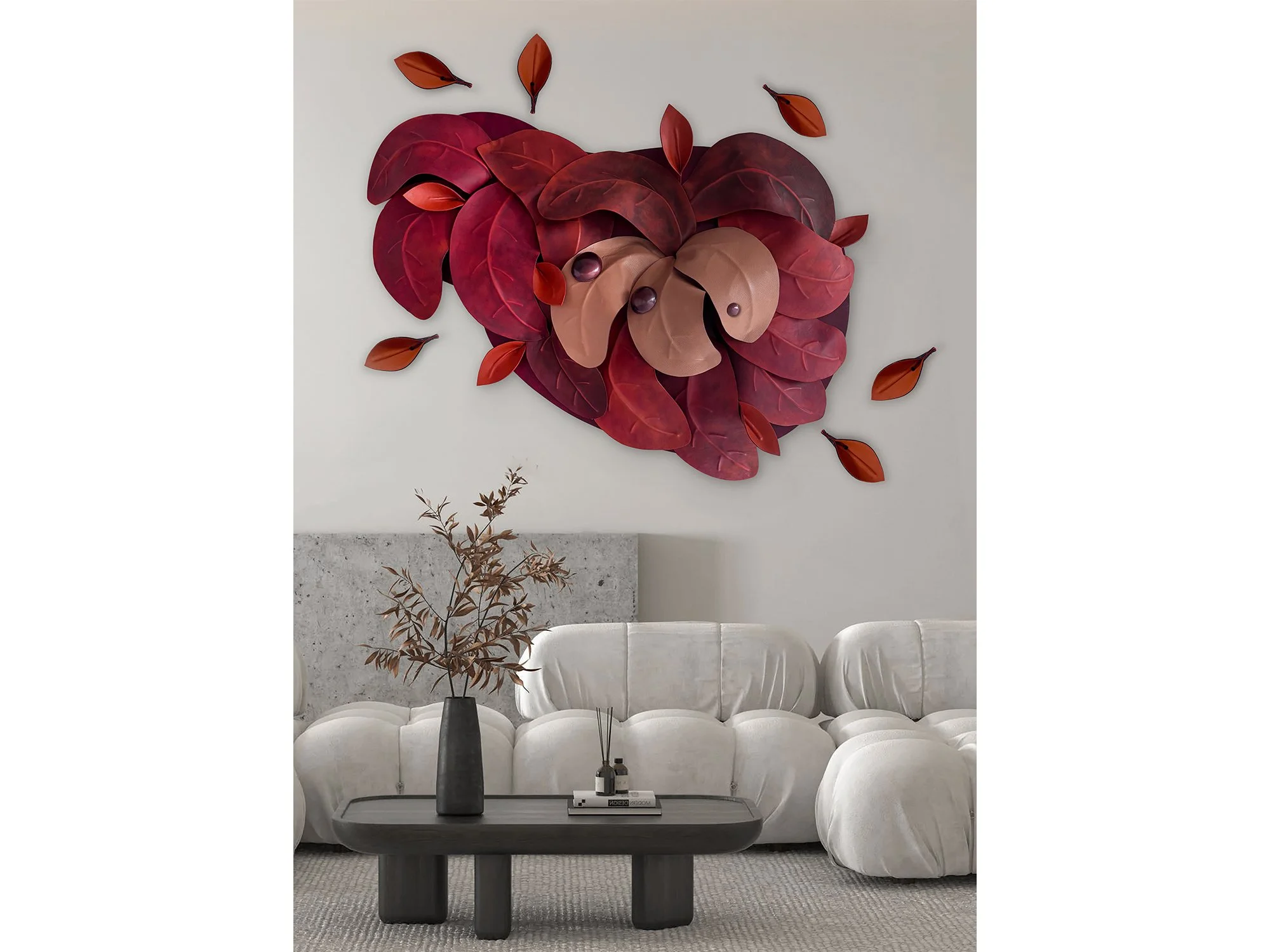 After the Storm – Orange by Madelon Uljee installed with accompanying leather leaves in a contemporary interior.