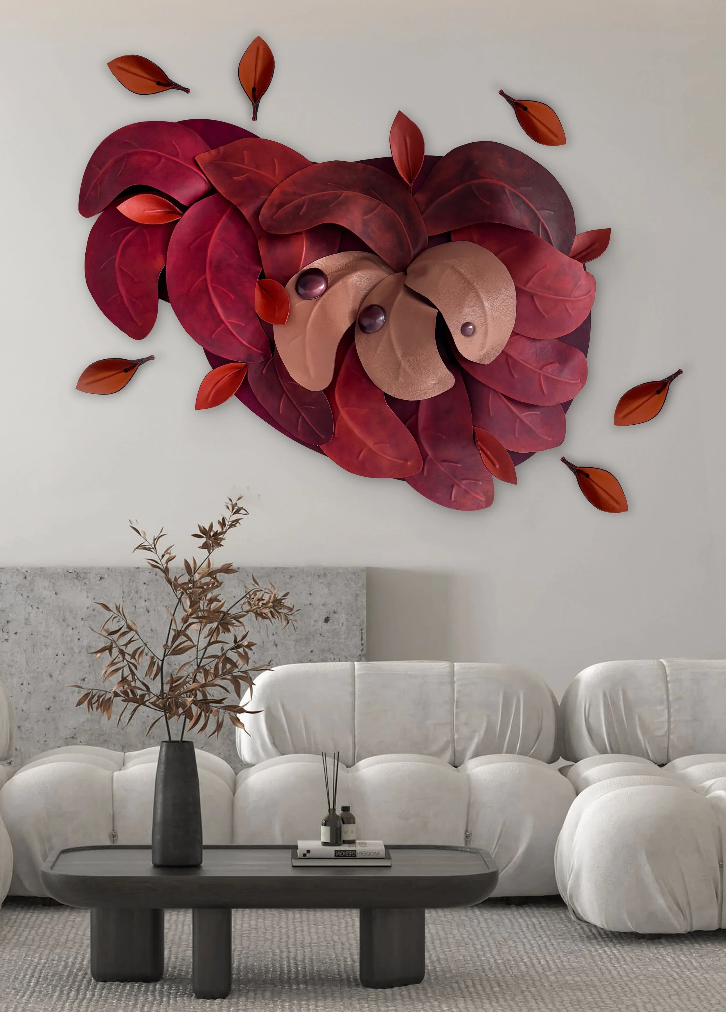 Madelon Uljee’s leather wall installation After the Storm presented as a complete composition in an interior.