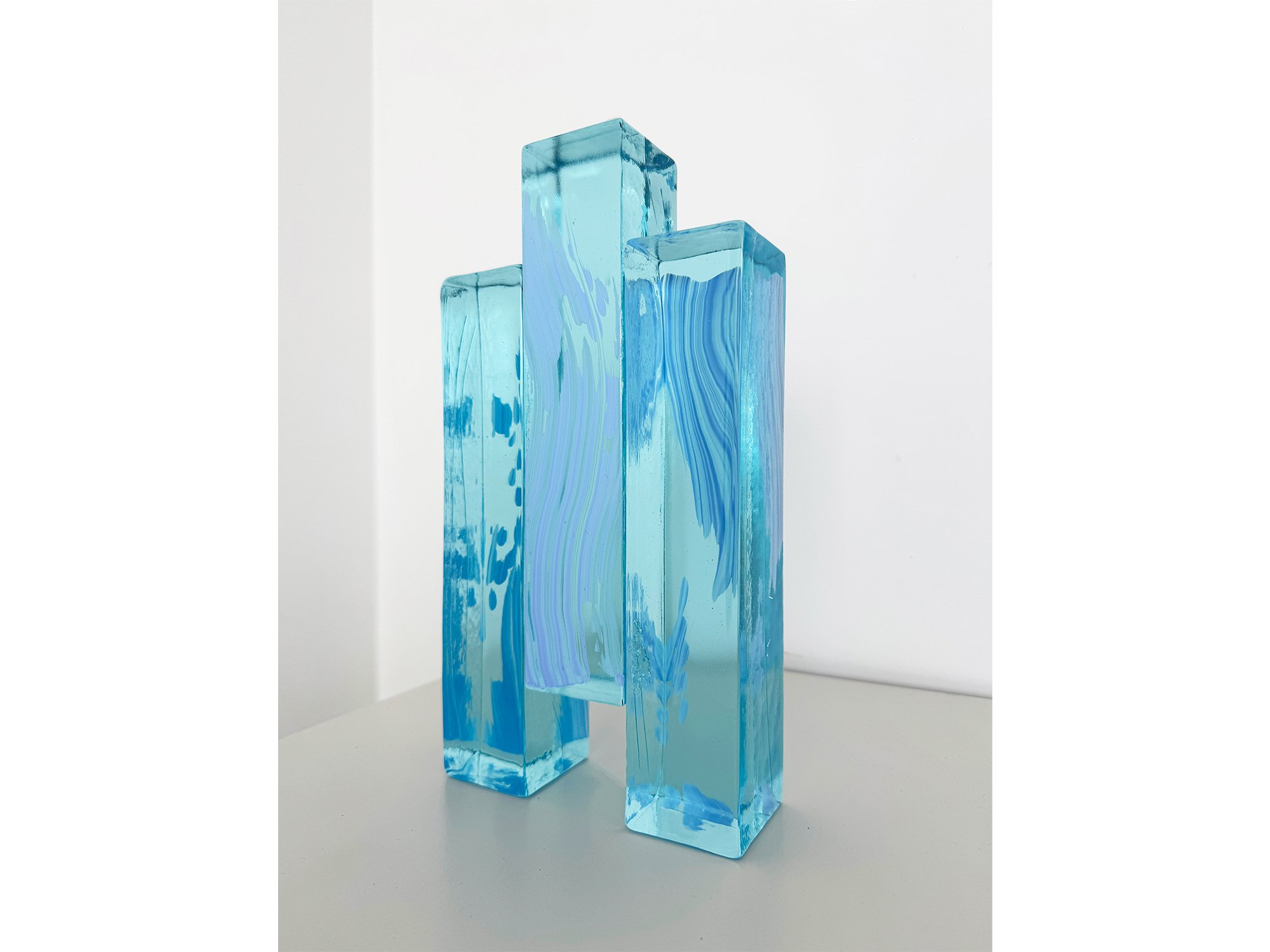 Unique glass sculpture by Lisette Schumacher, shown in a bright white room