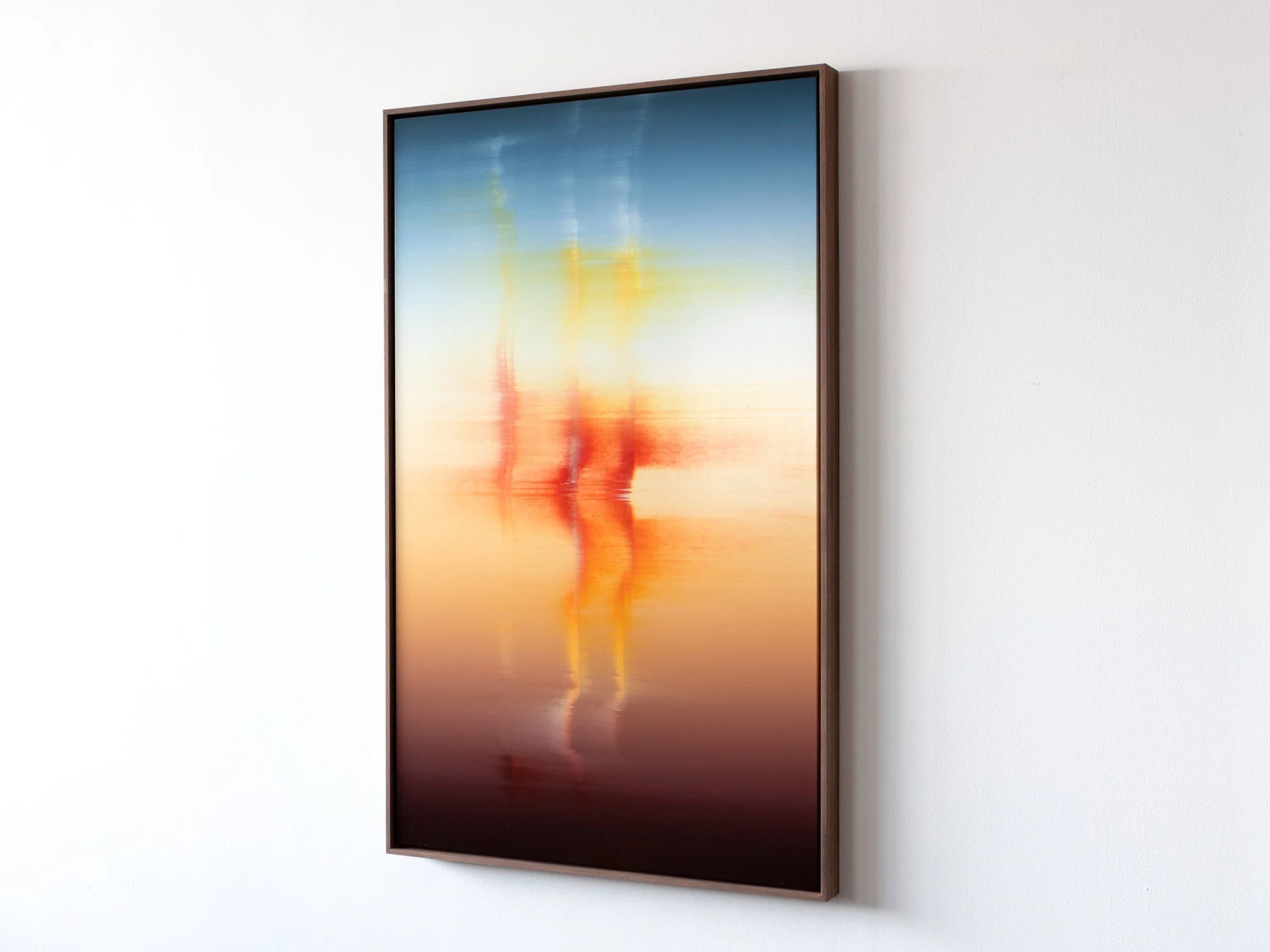 Sideview of Unexpected Visitor, an abstract oil painting by renown artist Donald Schenkel, framed in a wooden frame.