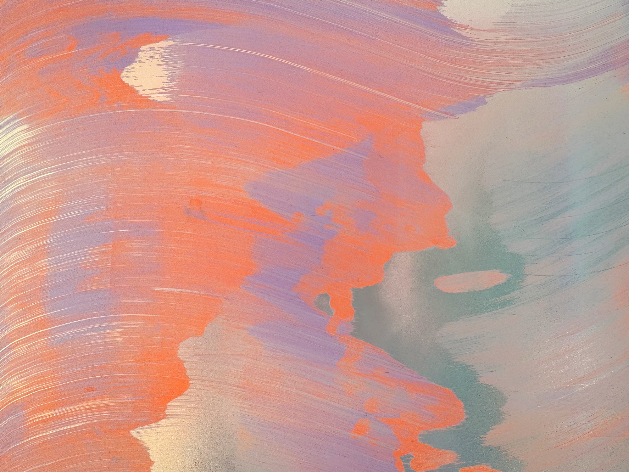 Detail of abstract painting by Lisette Schumacher showing soft pink and peach colour fields inspired by desert light