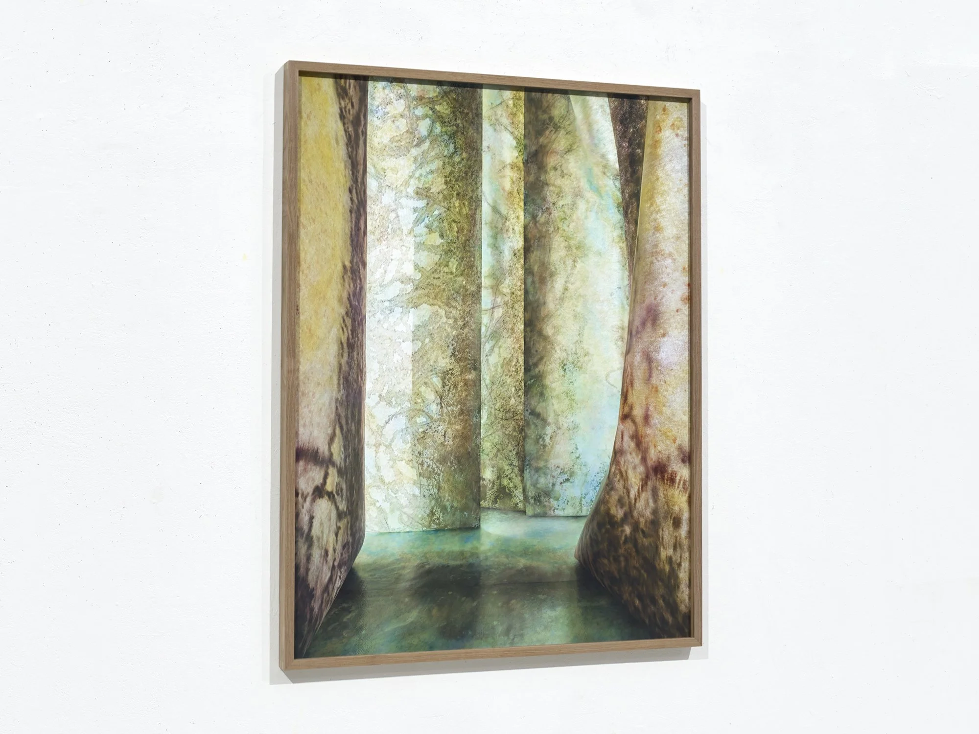 Closer left-side view of Overgrown Path 01 by Jan Theun van Rees, showing textured green and ochre surfaces around a narrow passage.