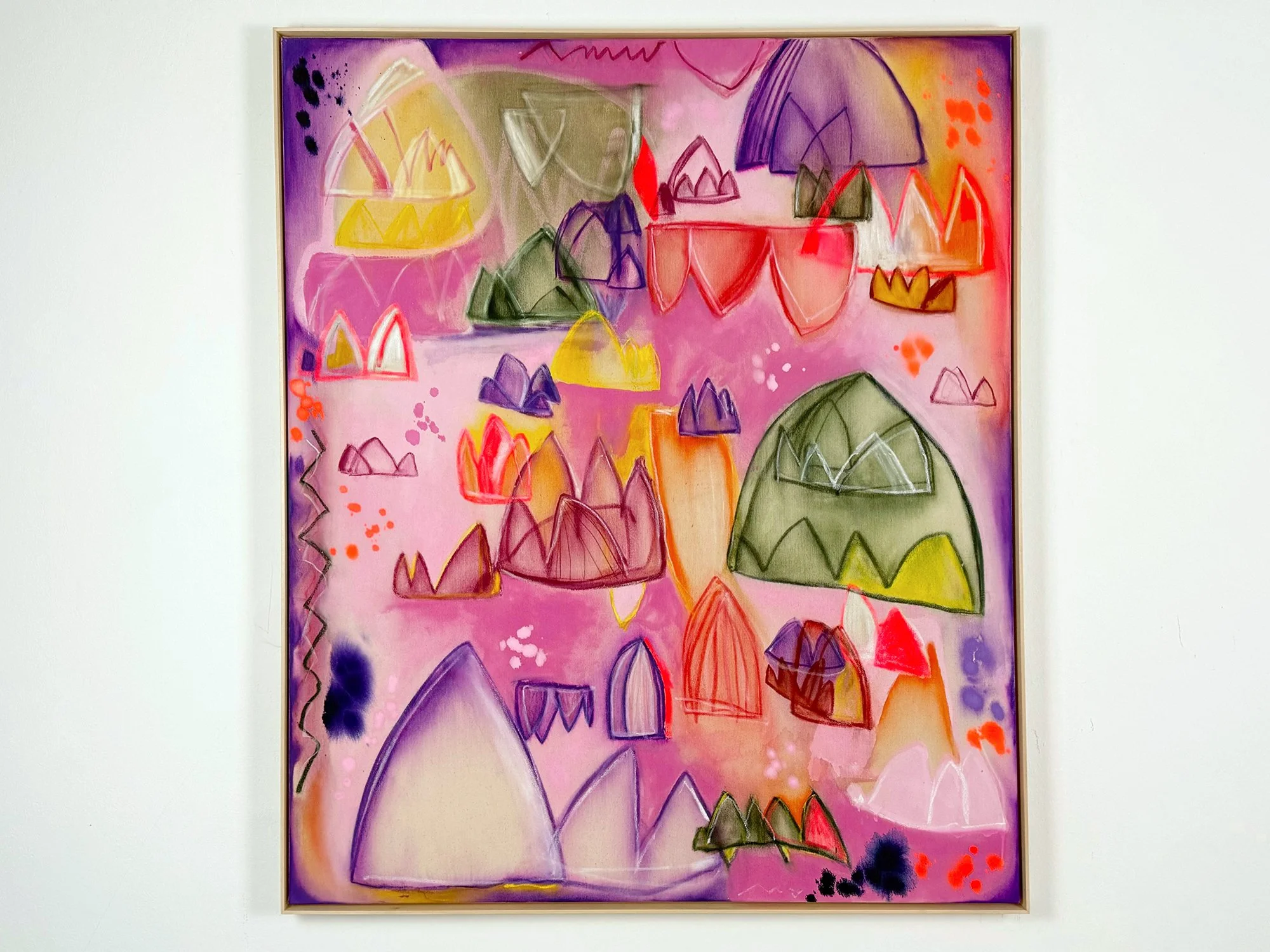 Dreams and Hope II by Vera Klaus, a colourful abstract mixed-media painting measuring 120 × 100 cm, framed and displayed on a white wall.