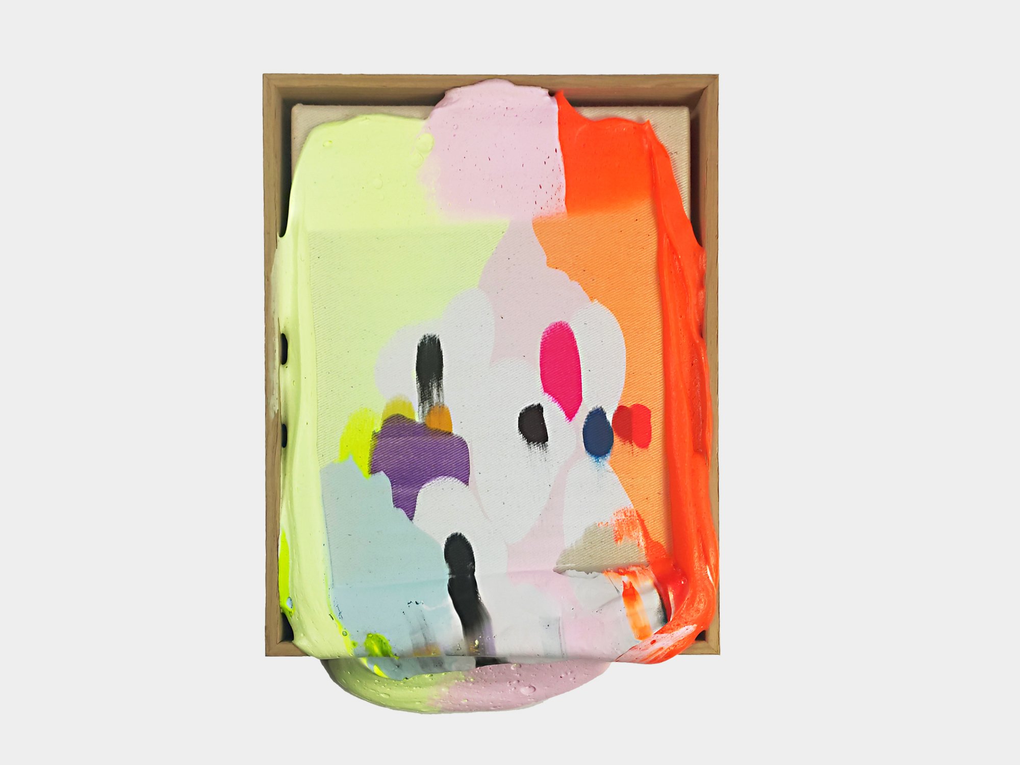 Abstract mixed media painting by Karen van de Vliet with pastel green, pink and fluorescent orange layers.
