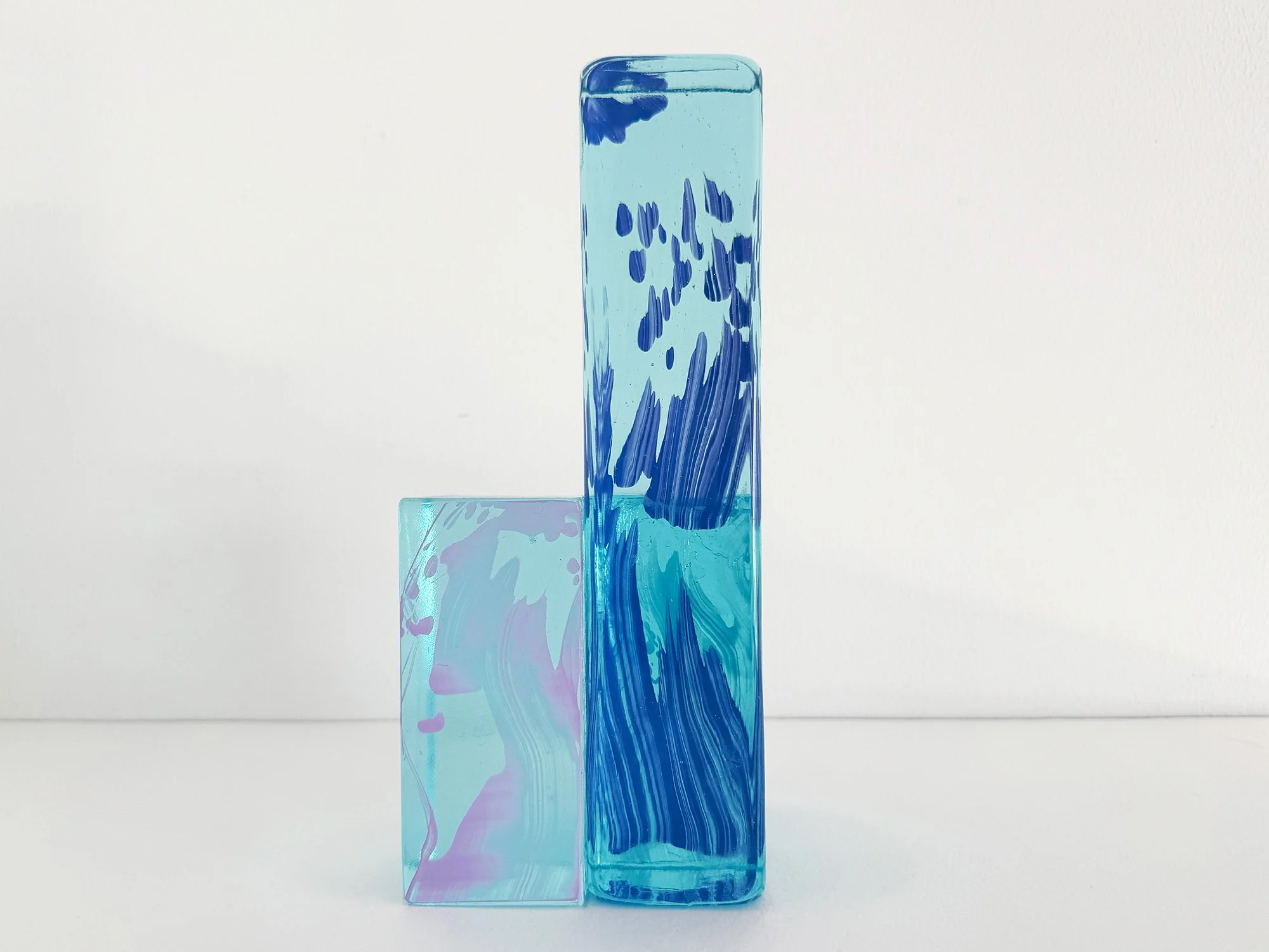 Lisette Schumacher glass sculpture with stacked forms in blue and turquoise tones