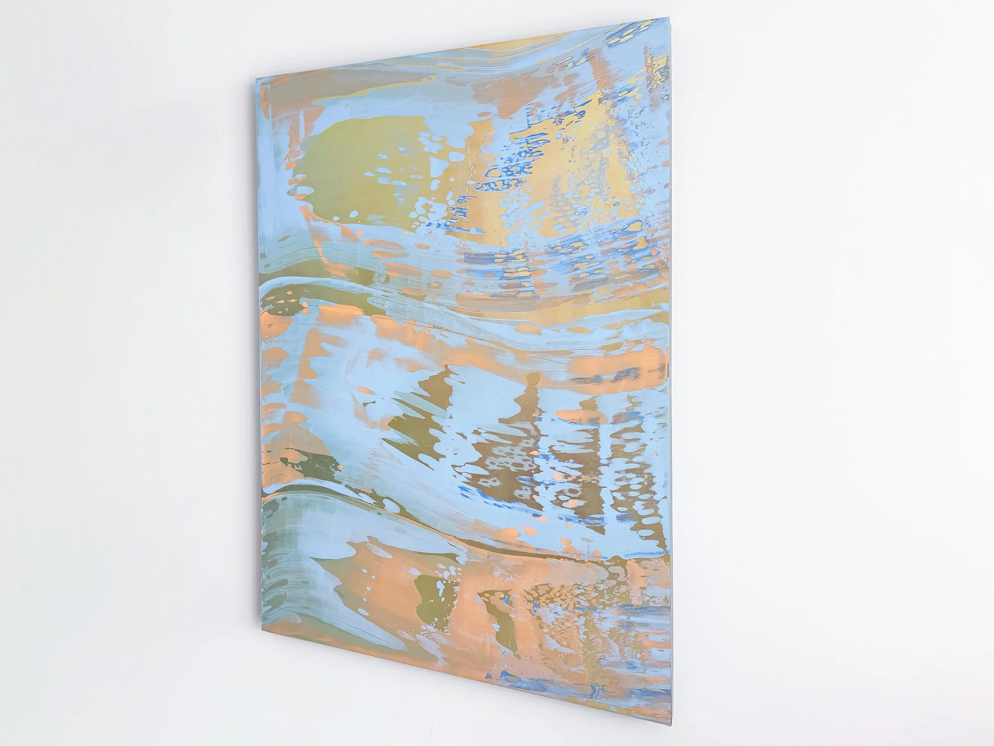 Side view of abstract mixed-media artwork by Lisette Schumacher, showing layered paint surface and subtle depth, mounted on a white wall.