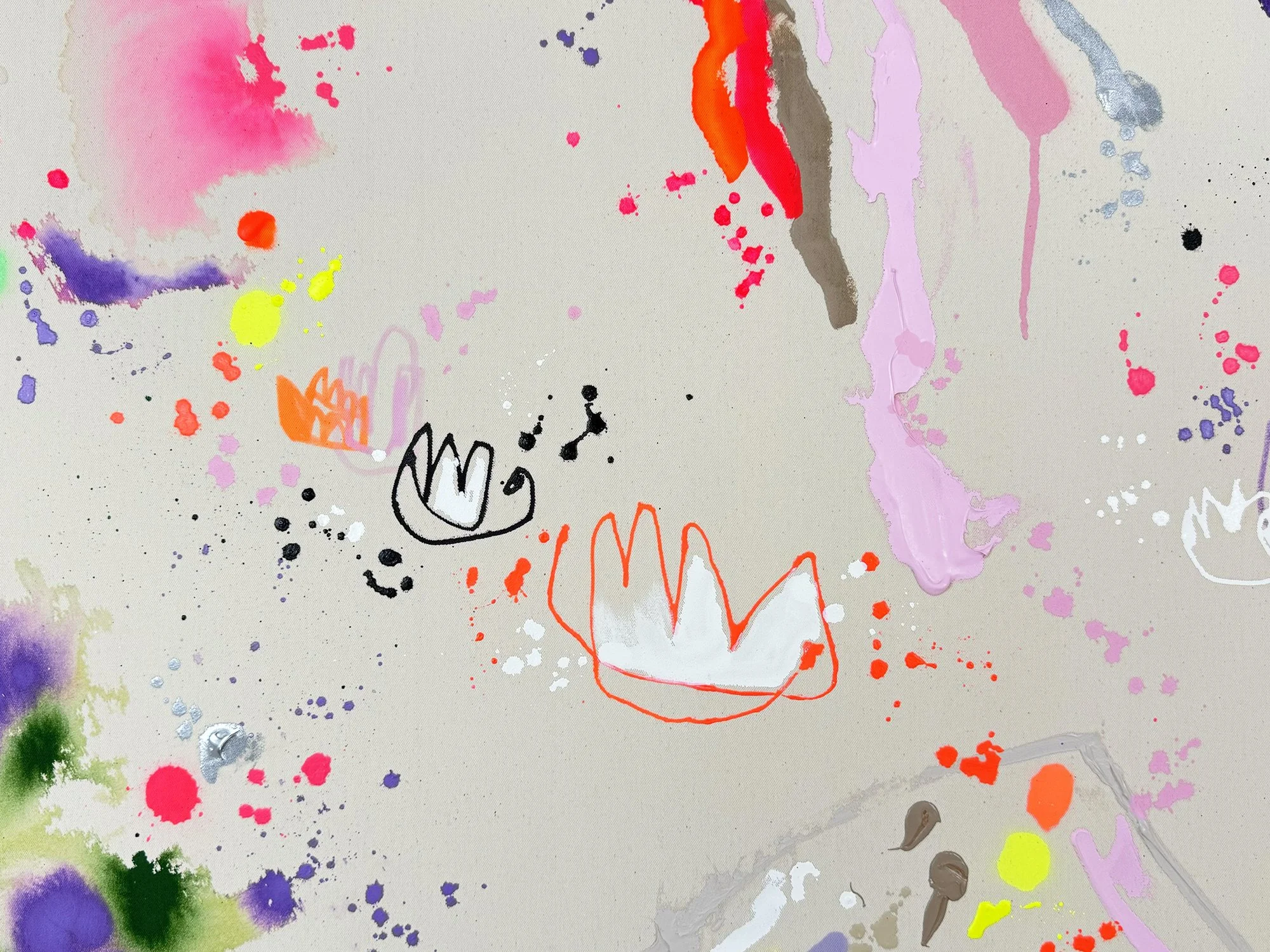 Detail of spontaneous paint gestures and delicate drawn lines in colourful abstract composition