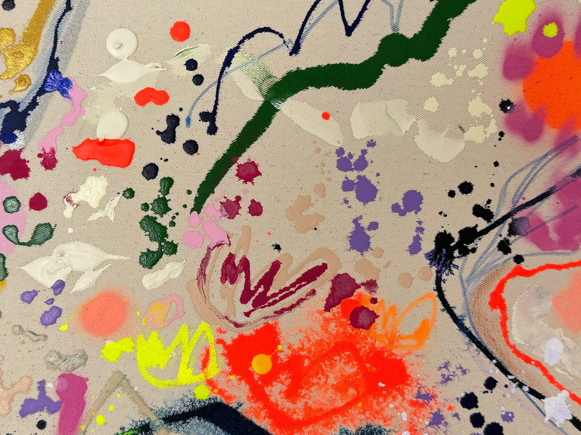Detail of Little Climb by Vera Klaus showing navy mountain-like contours crossed by a dark green line on natural canvas.